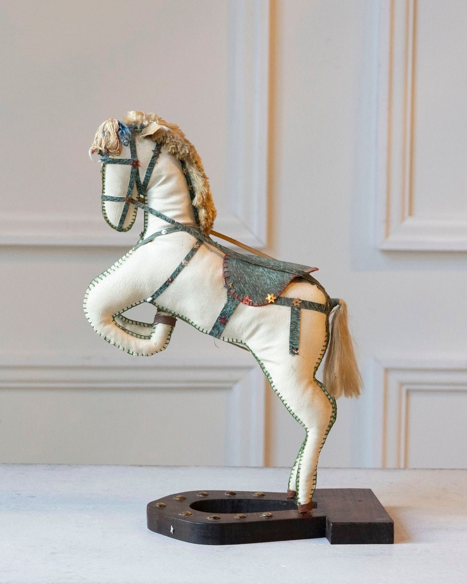 French 20th Century Decorative Moleskin Horse Sculpture with Gilt Harness in Rearing Pose - JAA