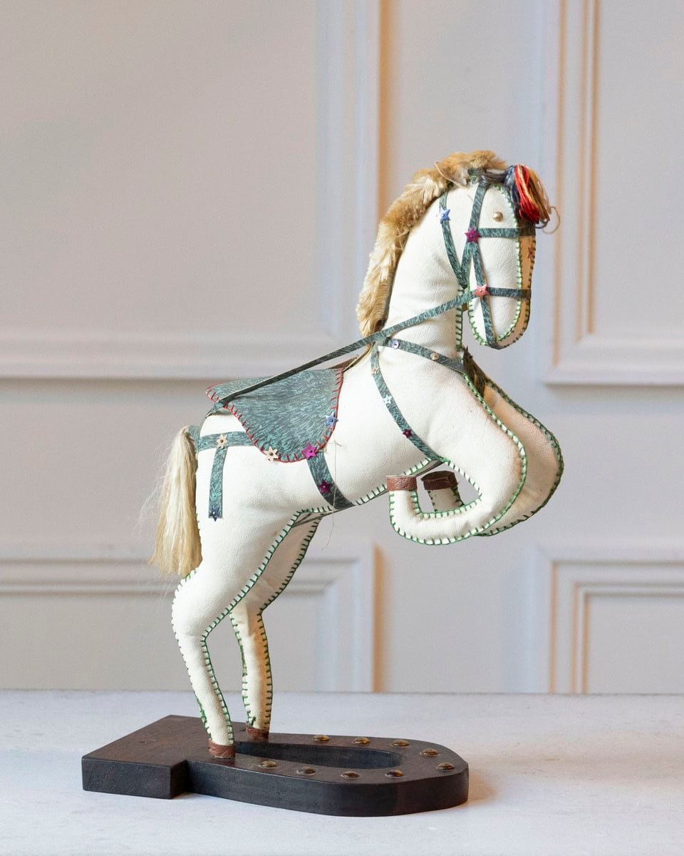 French 20th Century Decorative Moleskin Horse Sculpture with Gilt Harness in Rearing Pose - JAA