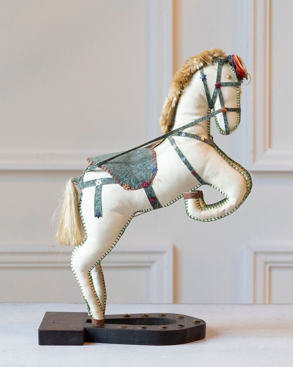 French 20th Century Decorative Moleskin Horse Sculpture with Gilt Harness in Rearing Pose - JAA