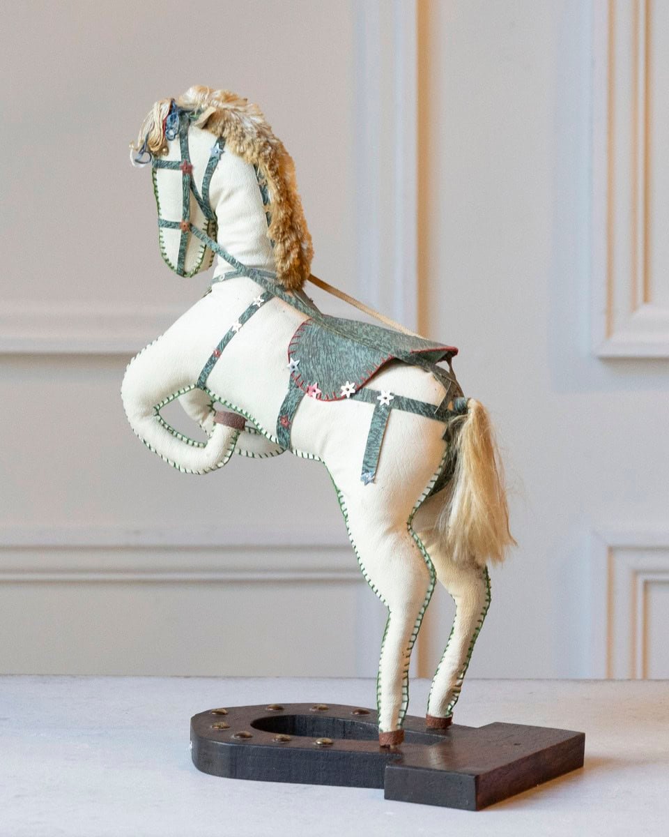 French 20th Century Decorative Moleskin Horse Sculpture with Gilt Harness in Rearing Pose - JAA