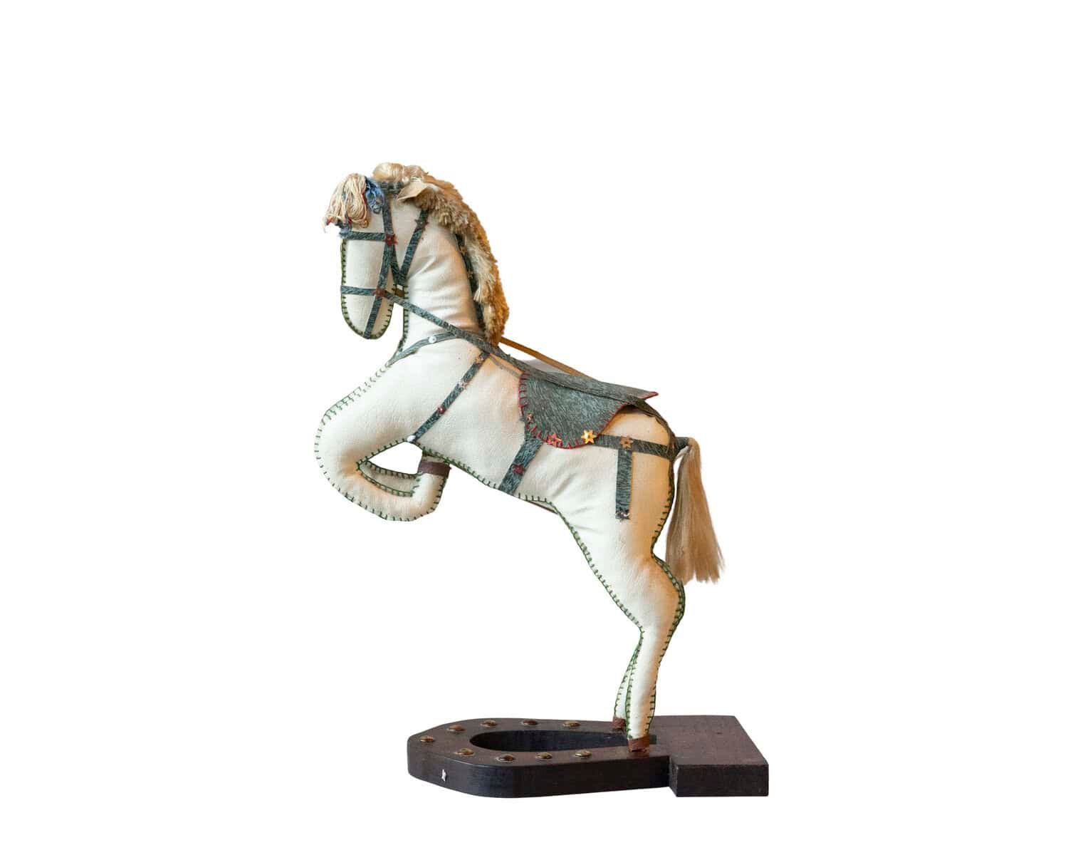 French 20th Century Decorative Moleskin Horse Sculpture with Gilt Harness in Rearing Pose - JAA