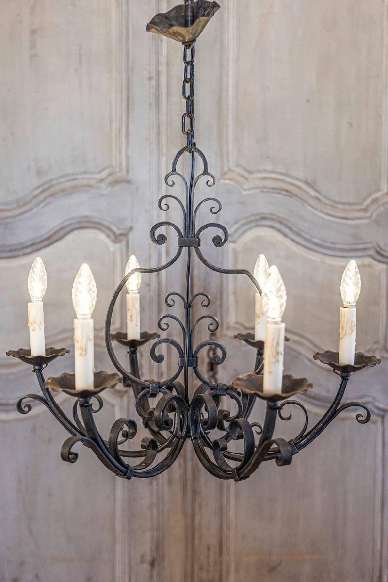 French Six Light Wrought Iron Chandelier with Cascading Scrolls, USA Wired - JAA