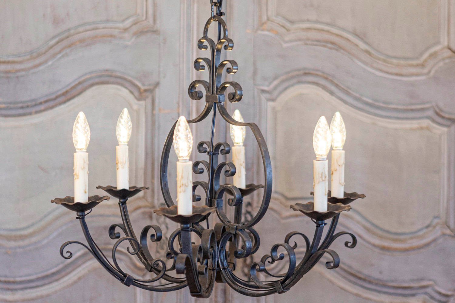 French Six Light Wrought Iron Chandelier with Cascading Scrolls, USA Wired - JAA