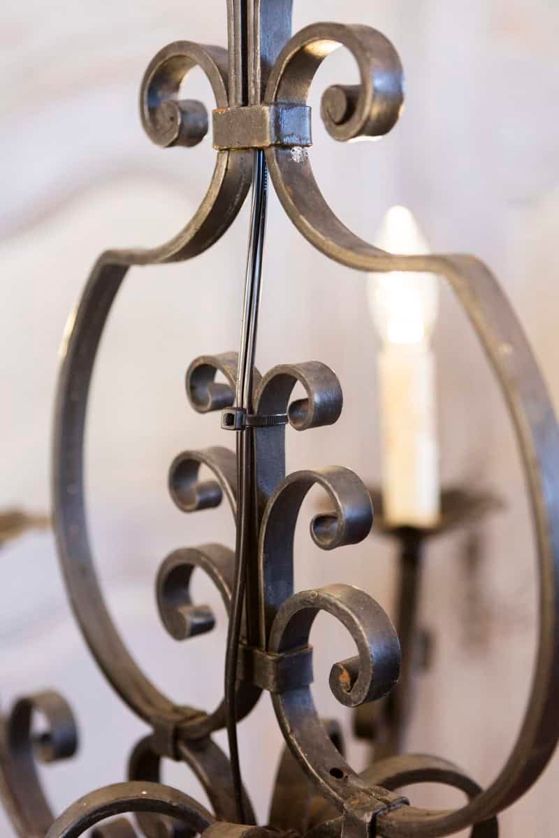 French Six Light Wrought Iron Chandelier with Cascading Scrolls, USA Wired - JAA