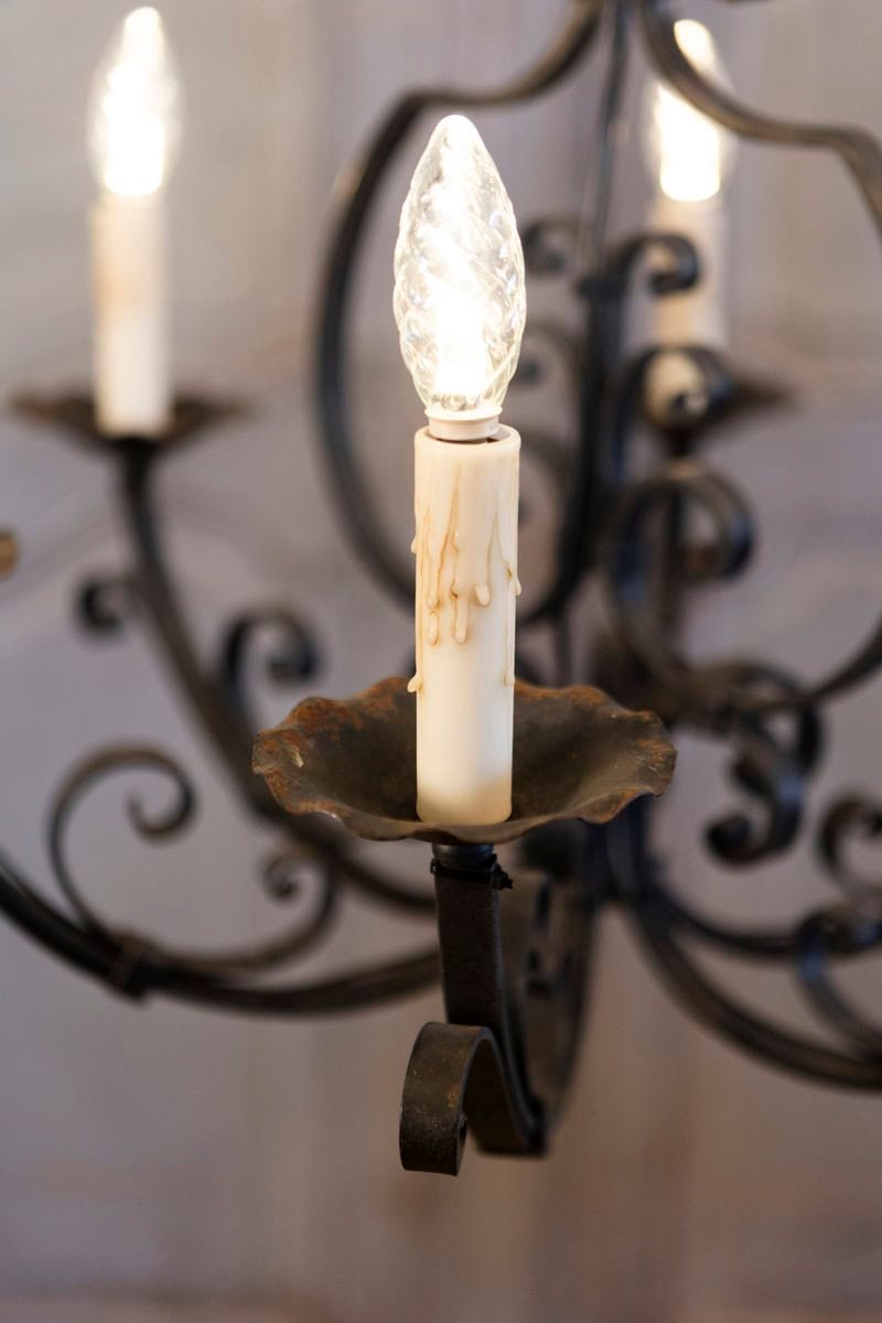 French Six Light Wrought Iron Chandelier with Cascading Scrolls, USA Wired - JAA