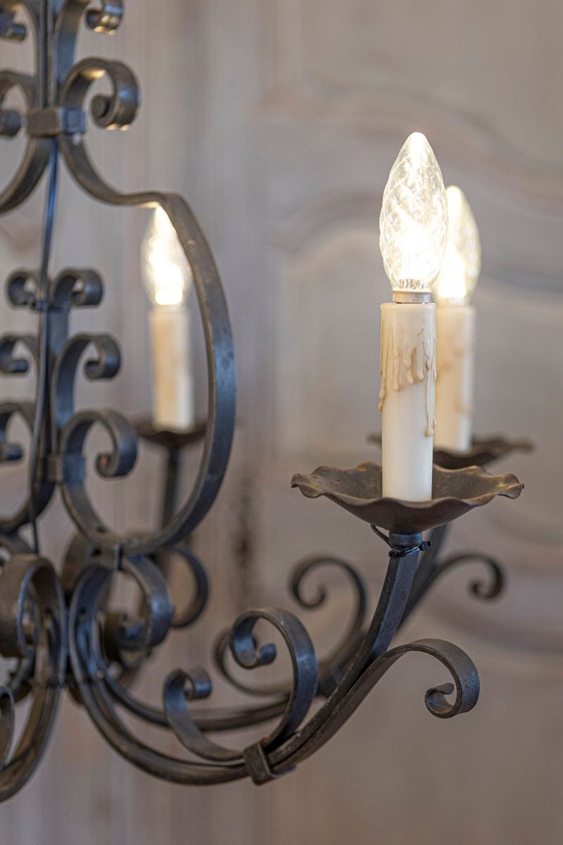 French Six Light Wrought Iron Chandelier with Cascading Scrolls, USA Wired - JAA