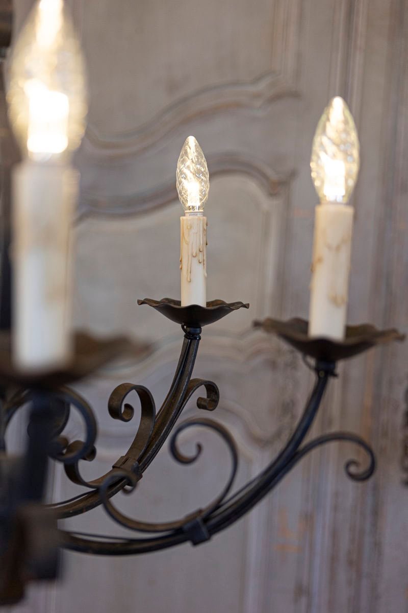 French Six Light Wrought Iron Chandelier with Cascading Scrolls, USA Wired - JAA