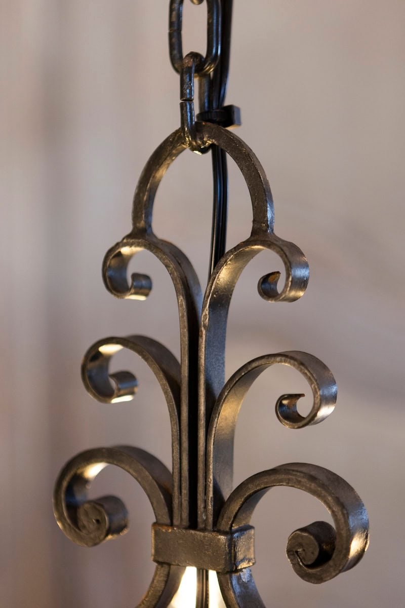 French Six Light Wrought Iron Chandelier with Cascading Scrolls, USA Wired - JAA