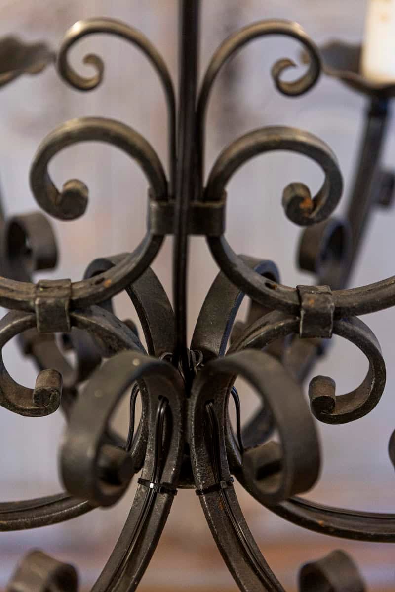 French Six Light Wrought Iron Chandelier with Cascading Scrolls, USA Wired - JAA