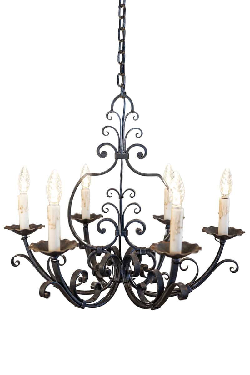 French Six Light Wrought Iron Chandelier with Cascading Scrolls, USA Wired - JAA