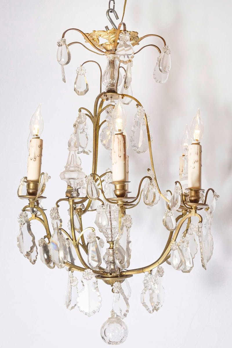 French 19th Century Six-Light Crystal Chandelier with Scrolled Brass Armature - JAA
