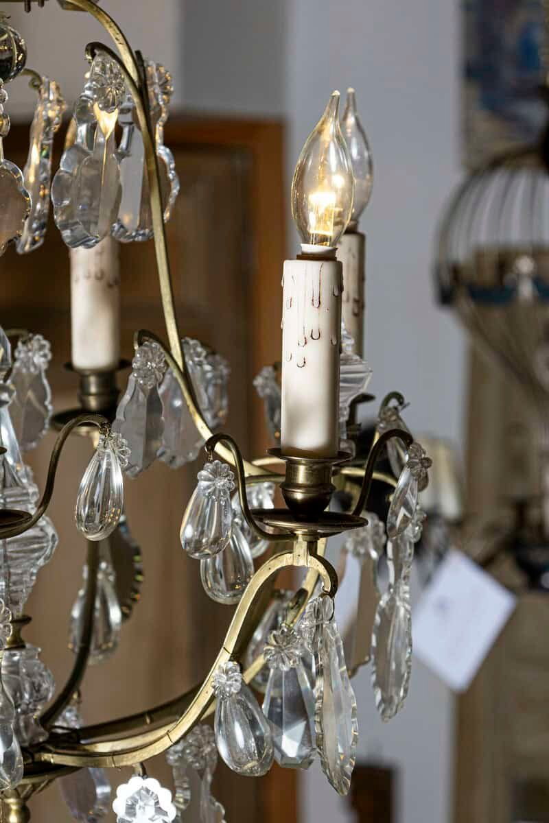 French 19th Century Six-Light Crystal Chandelier with Scrolled Brass Armature - JAA