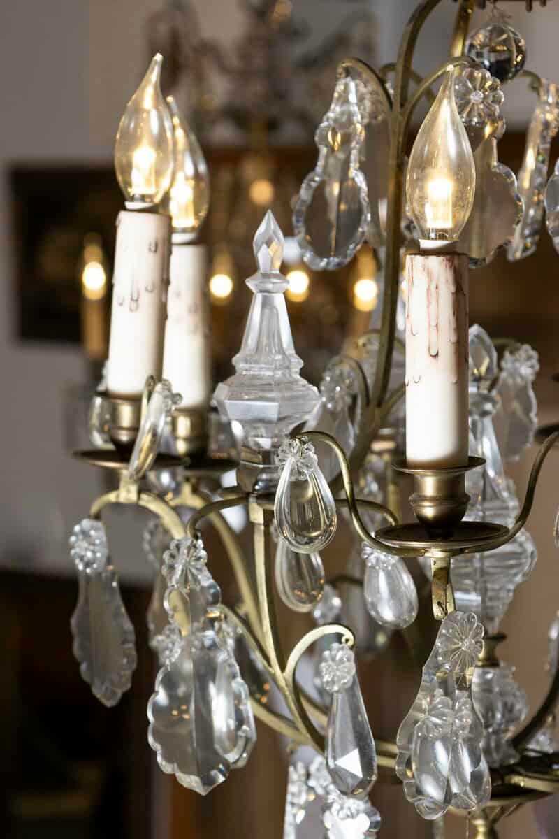 French 19th Century Six-Light Crystal Chandelier with Scrolled Brass Armature - JAA