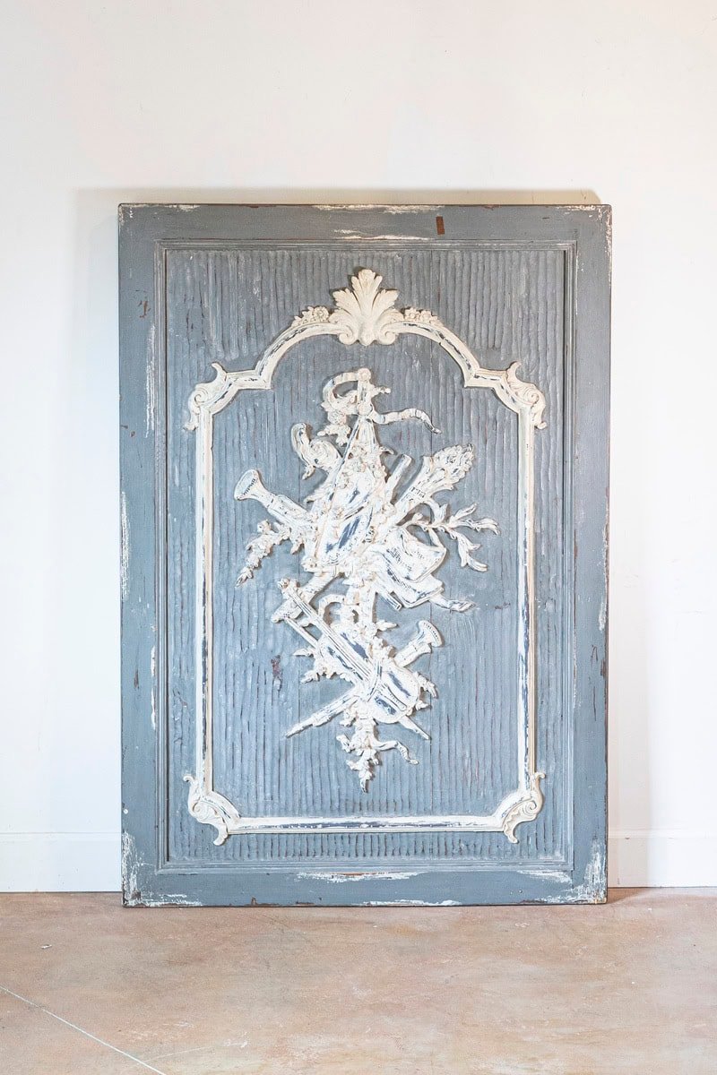 French 19th Century Carved and Painted Wooden Panel with Liberal Arts Allegory - JAA