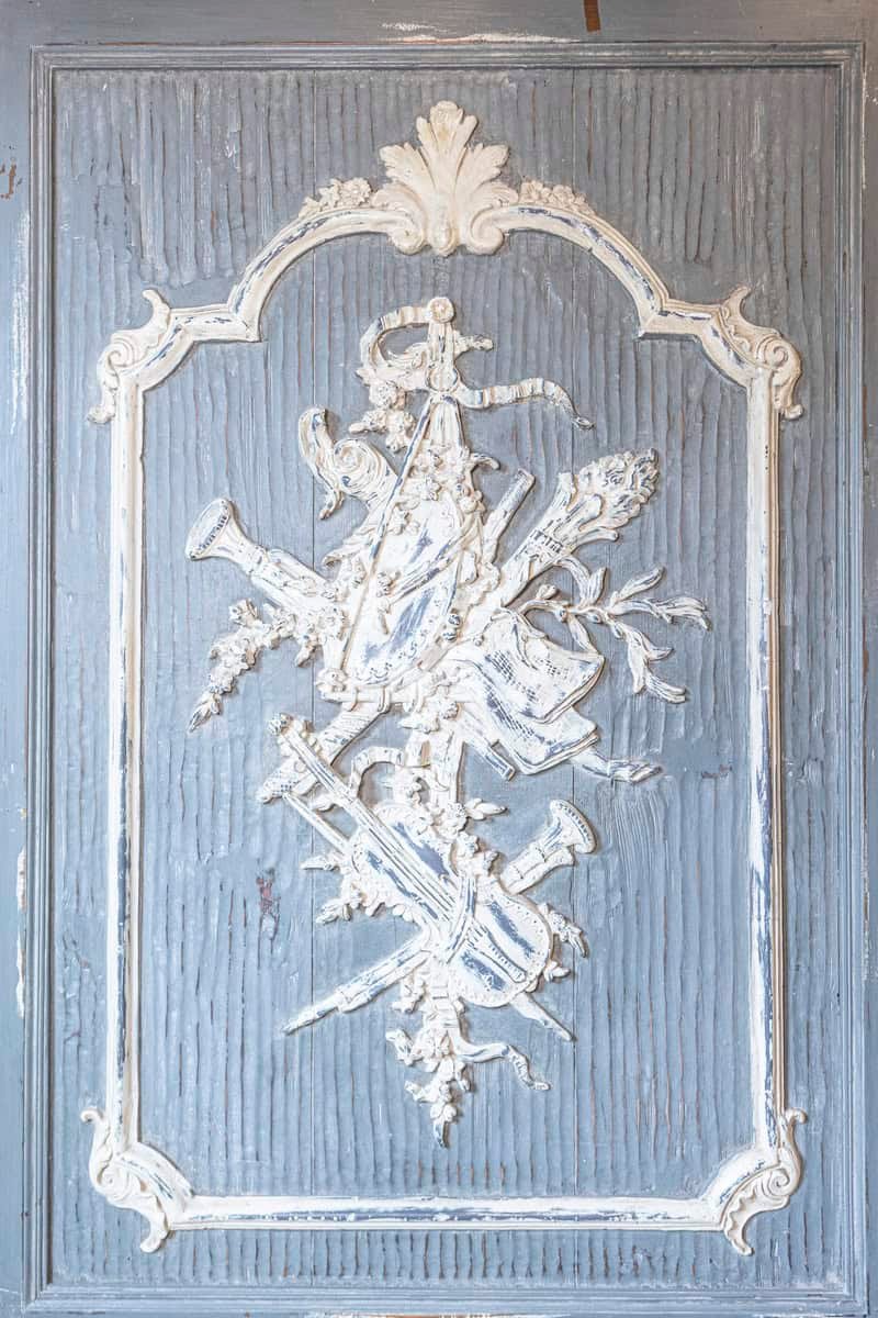 French 19th Century Carved and Painted Wooden Panel with Liberal Arts Allegory - JAA