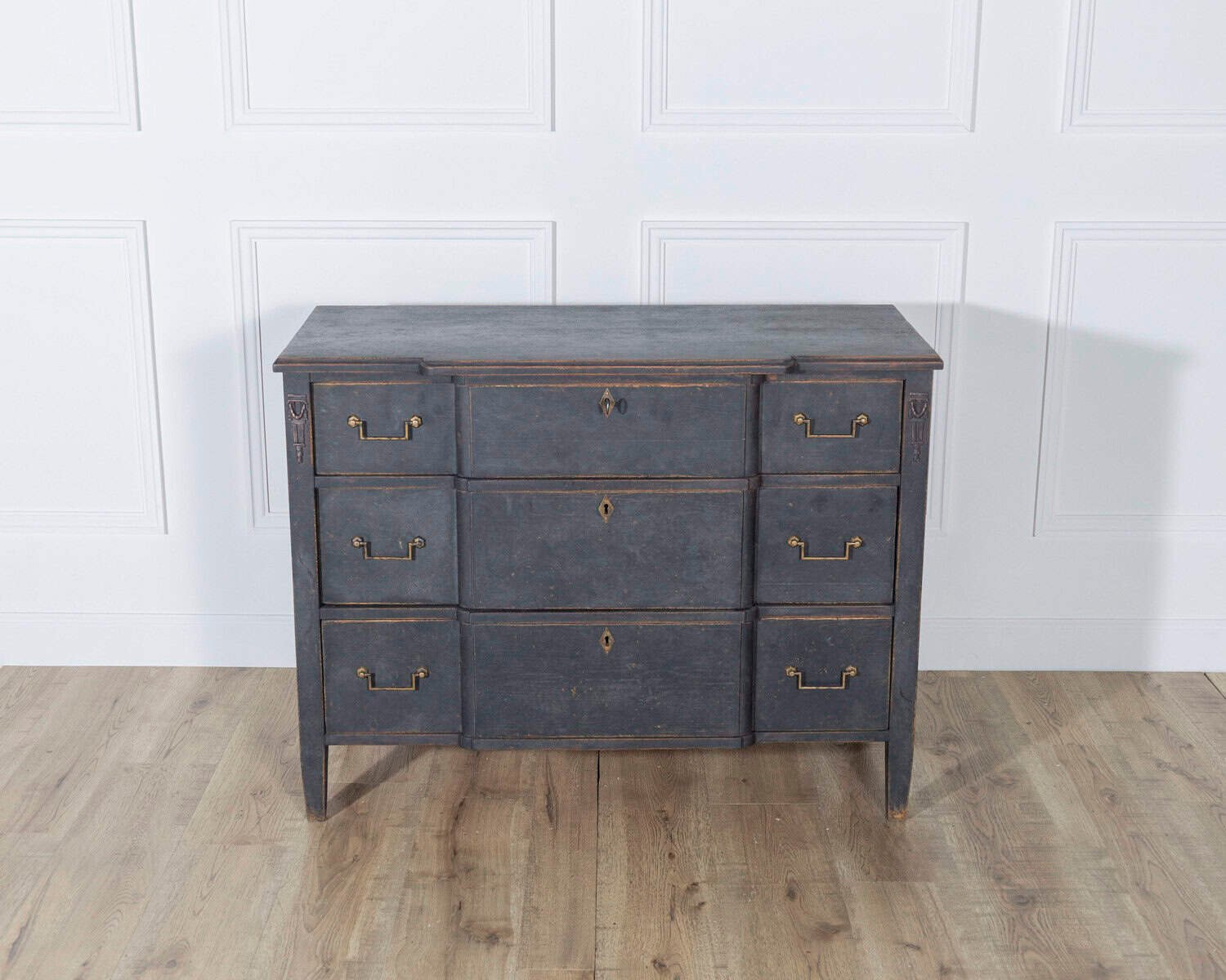 Gustavian Style Chest of Drawers in Black with Brass Hardware and Carved Details - JAA