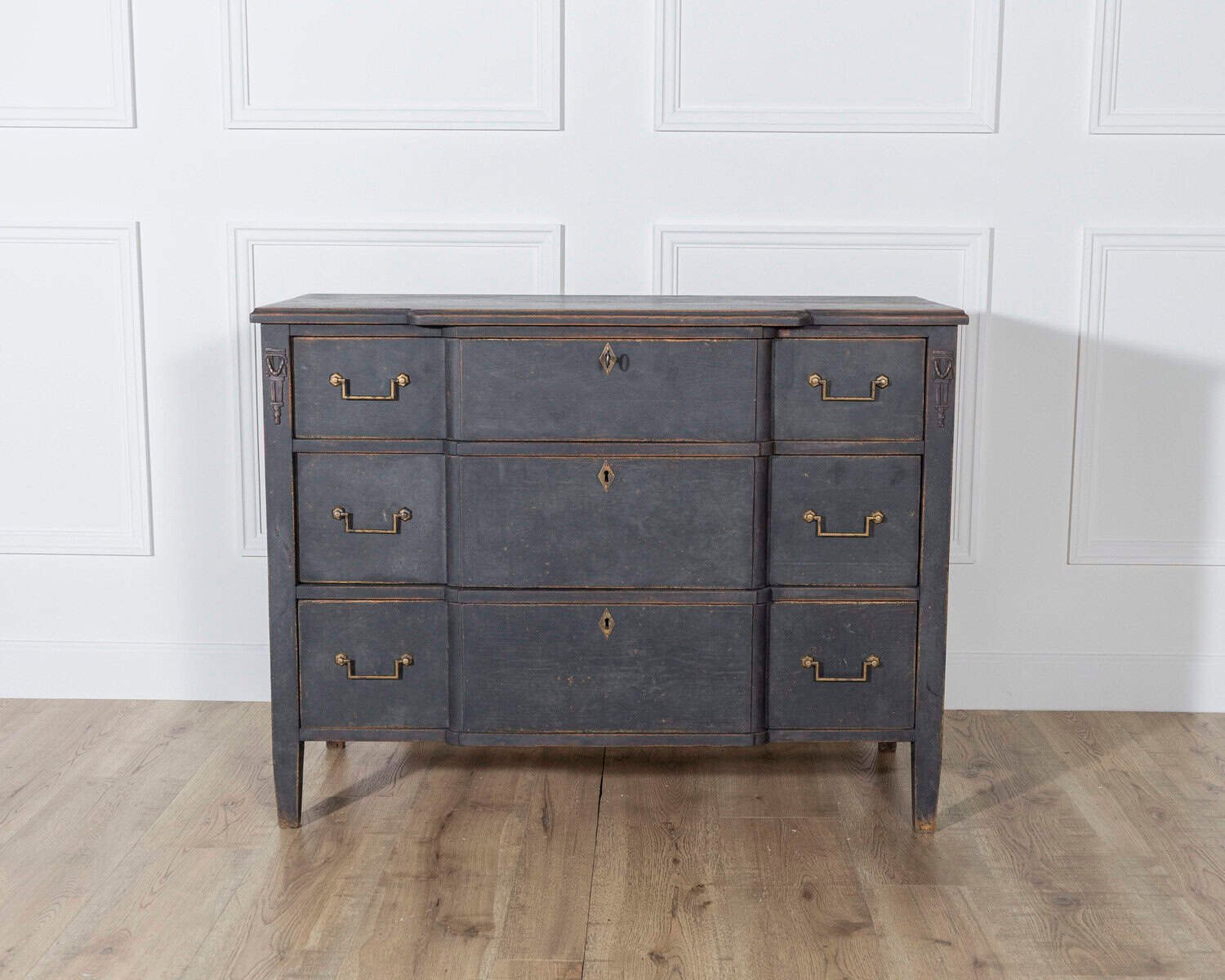 Gustavian Style Chest of Drawers in Black with Brass Hardware and Carved Details - JAA