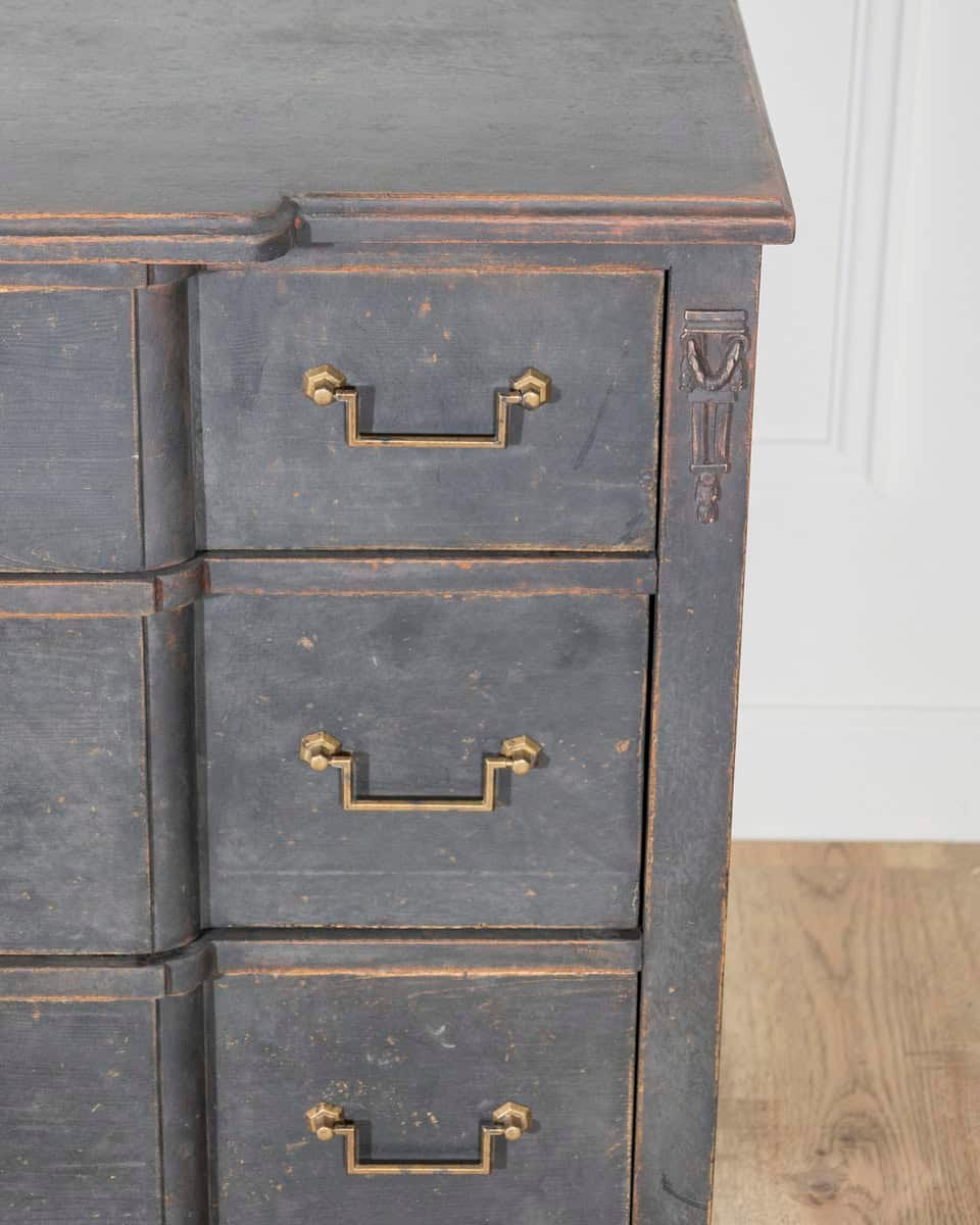 Gustavian Style Chest of Drawers in Black with Brass Hardware and Carved Details - JAA
