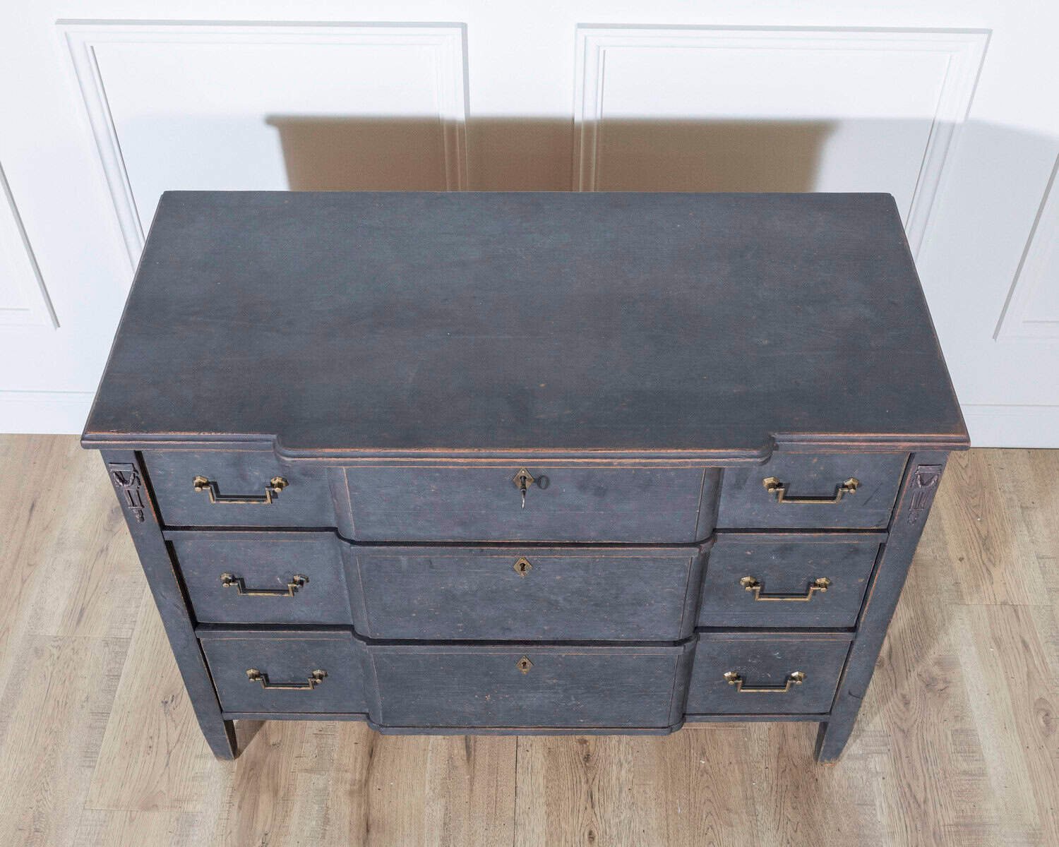 Gustavian Style Chest of Drawers in Black with Brass Hardware and Carved Details - JAA