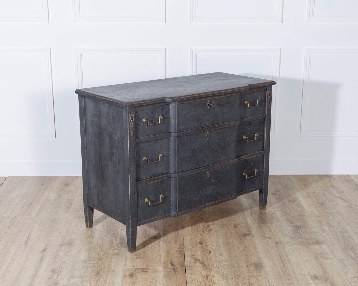 Gustavian Style Chest of Drawers in Black with Brass Hardware and Carved Details - JAA