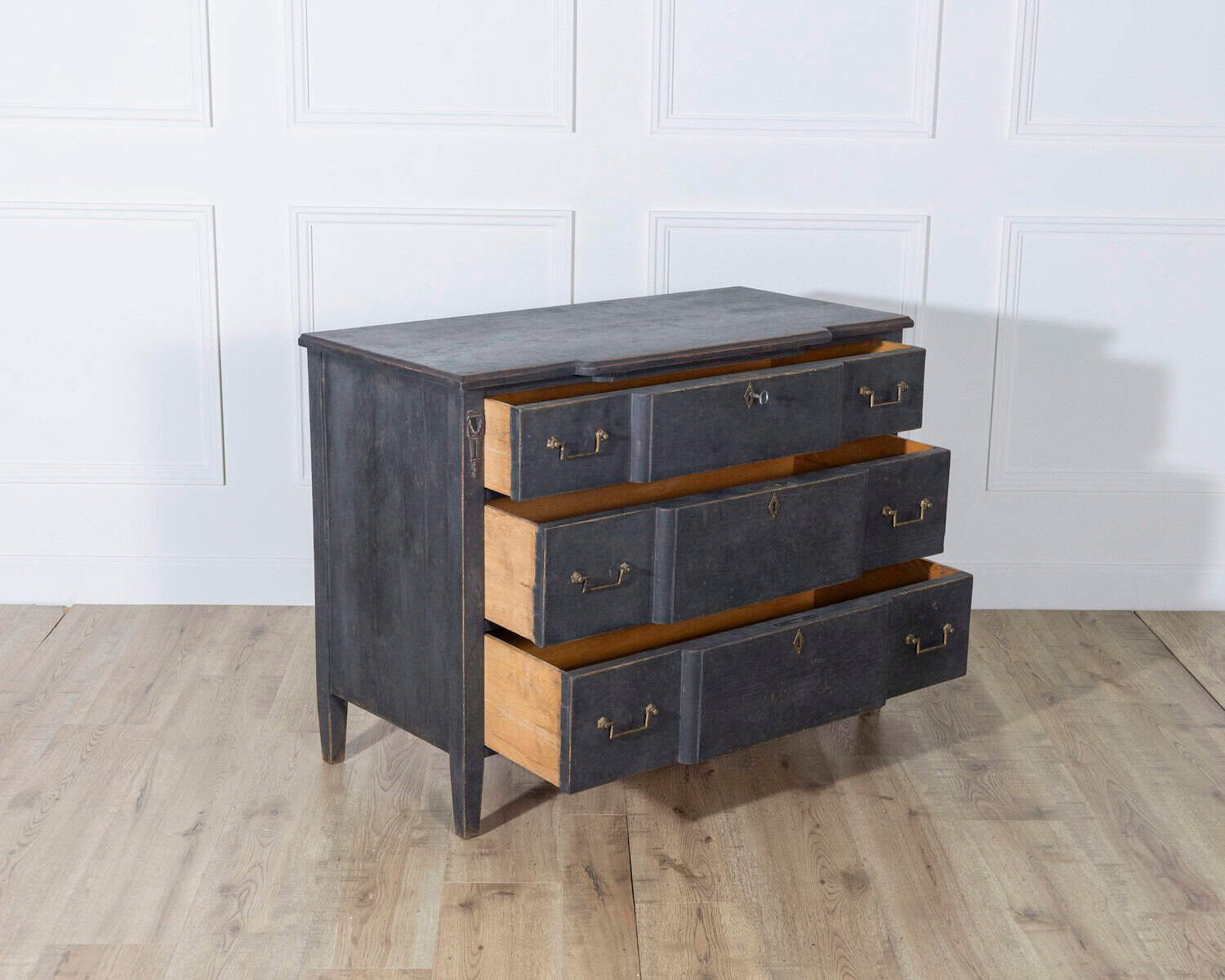 Gustavian Style Chest of Drawers in Black with Brass Hardware and Carved Details - JAA