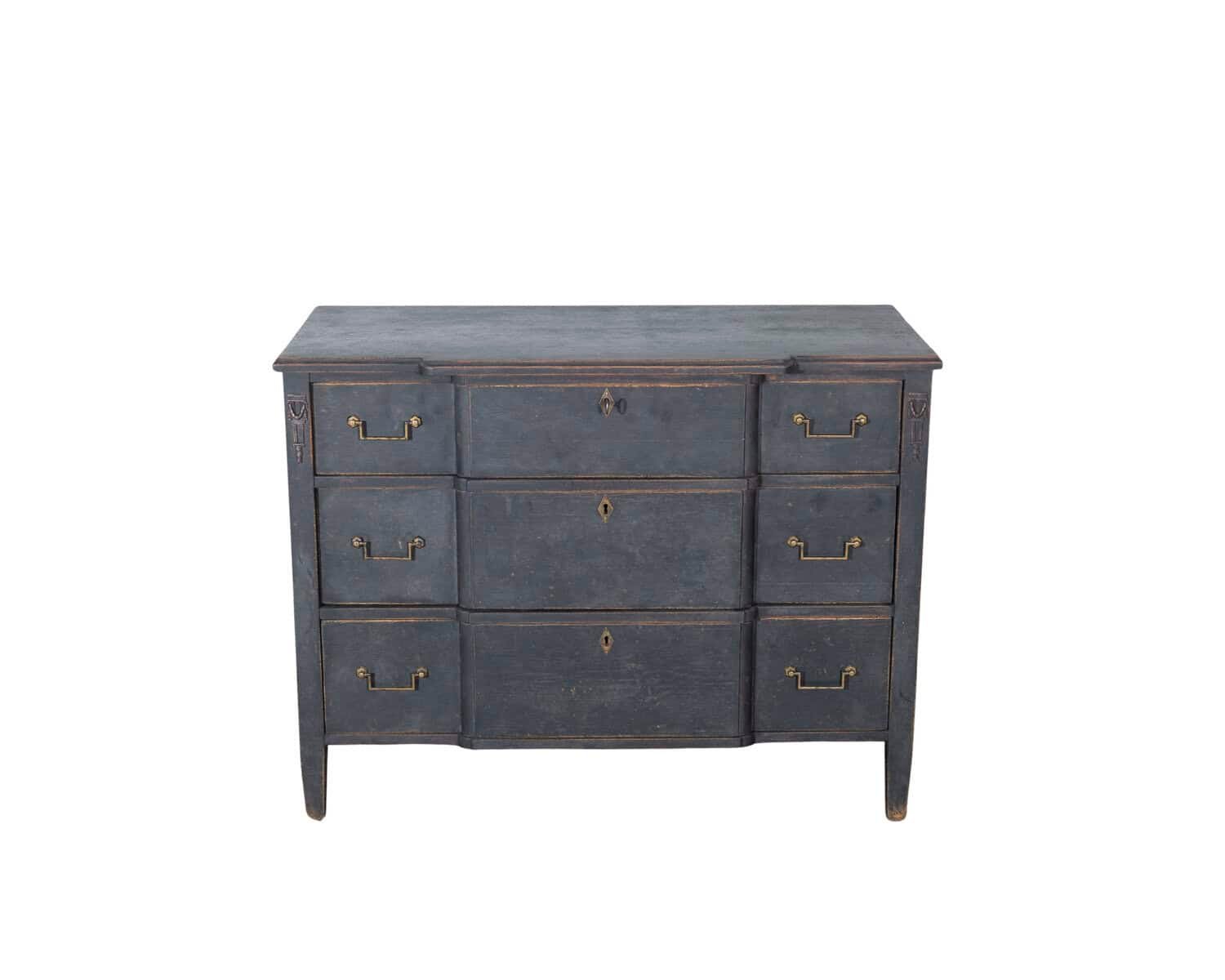 Gustavian Style Chest of Drawers in Black with Brass Hardware and Carved Details - JAA
