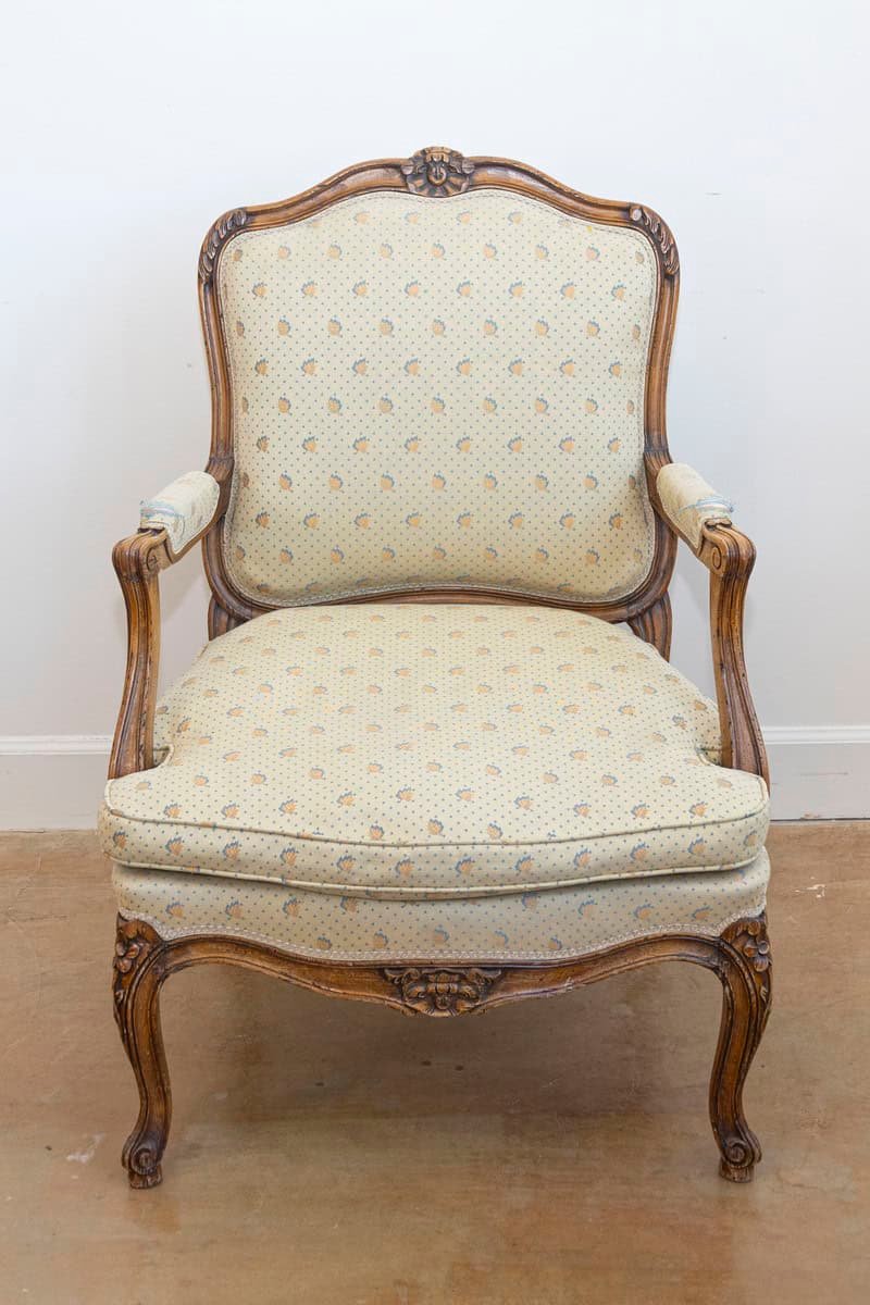 Louis XV Style French Walnut Fauteuils à la Reine with Carved Floral Motifs - JAA