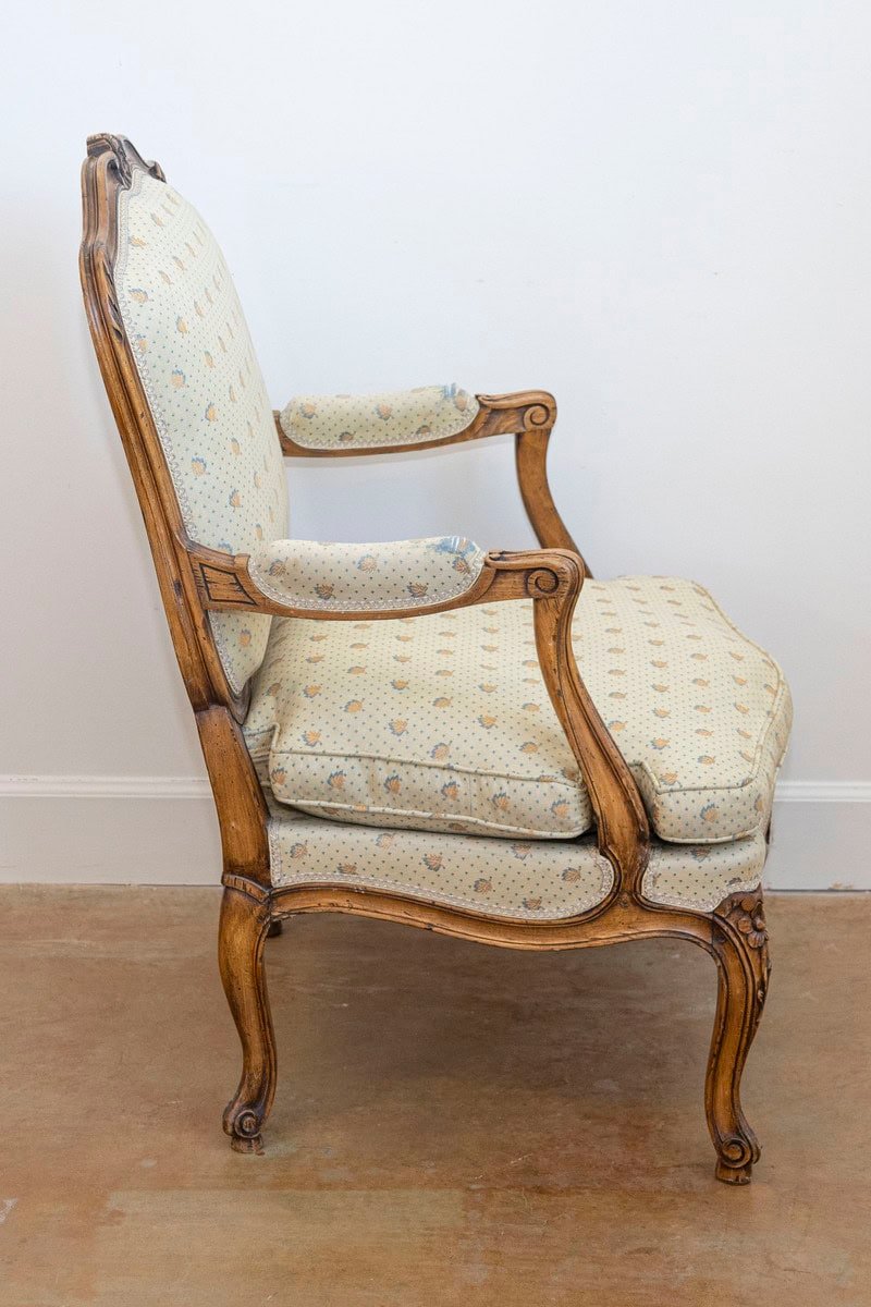 Louis XV Style French Walnut Fauteuils à la Reine with Carved Floral Motifs - JAA