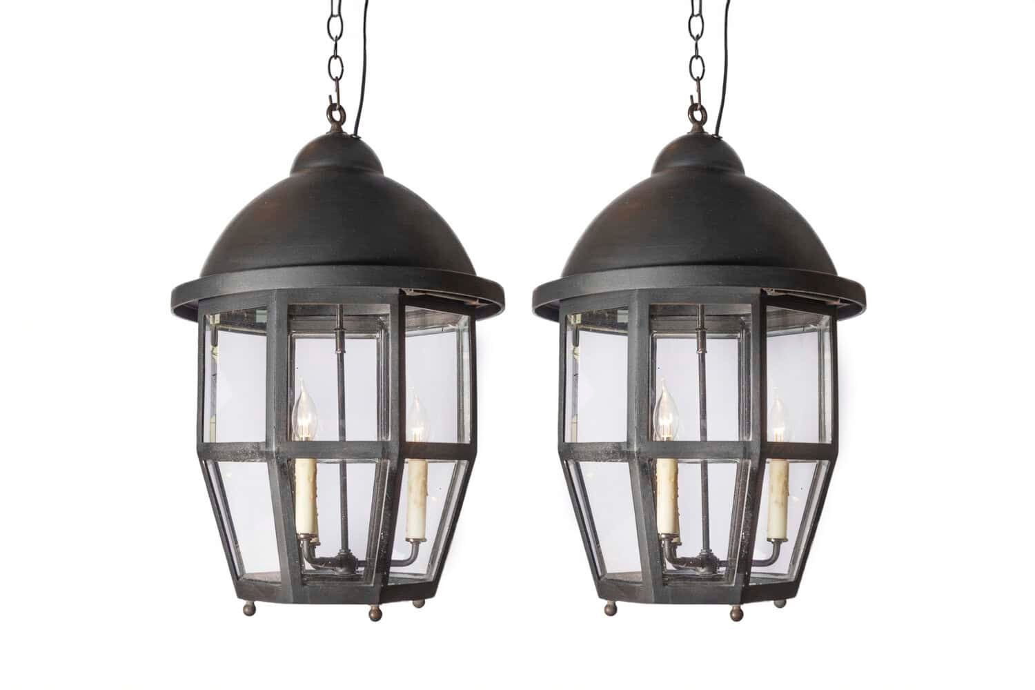 Pair of 20th Century French Tole Lanterns with Glass Panels
