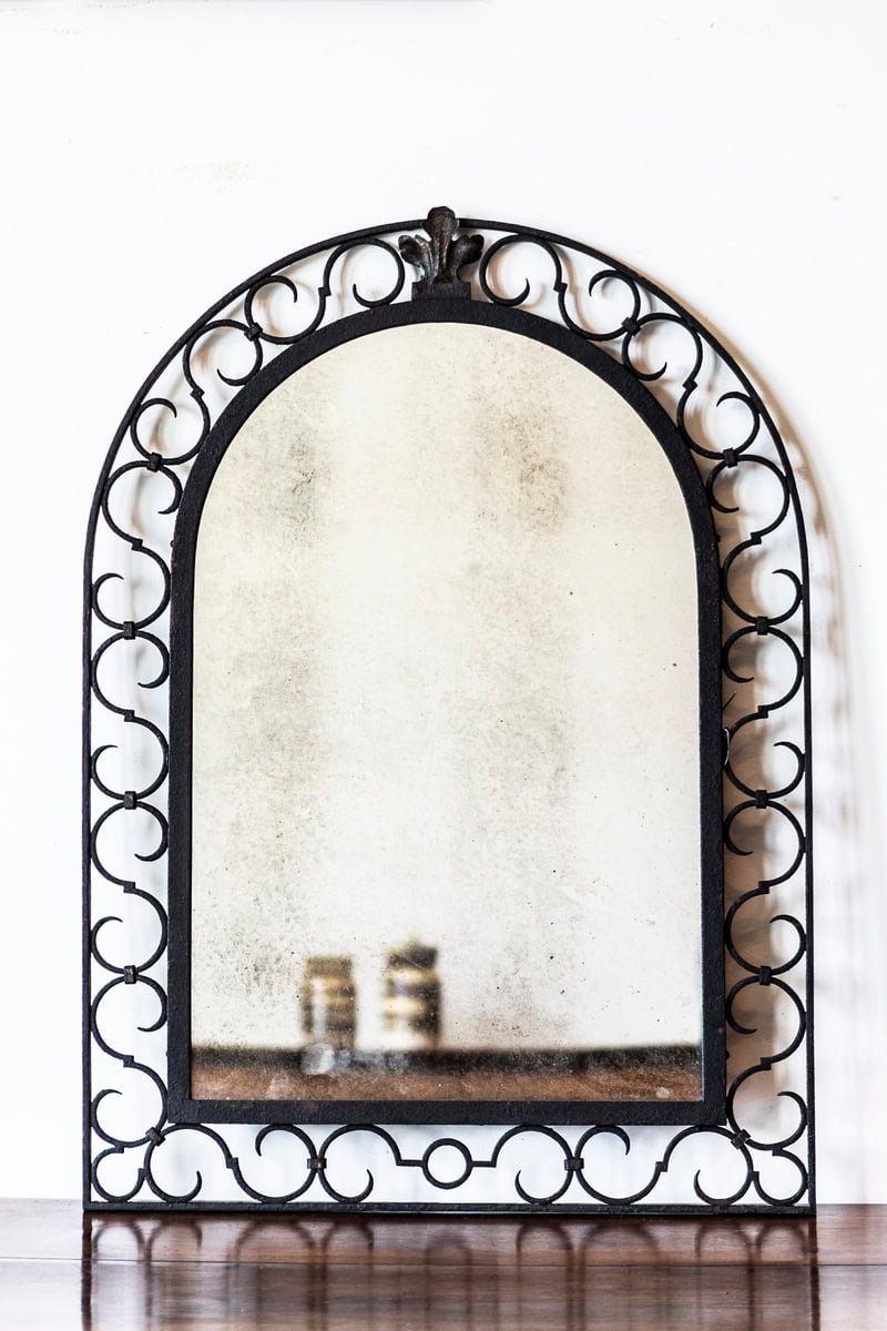 French Iron Arching Mirror with Openwork S-Scroll Motifs and Foliage Crest - JAA