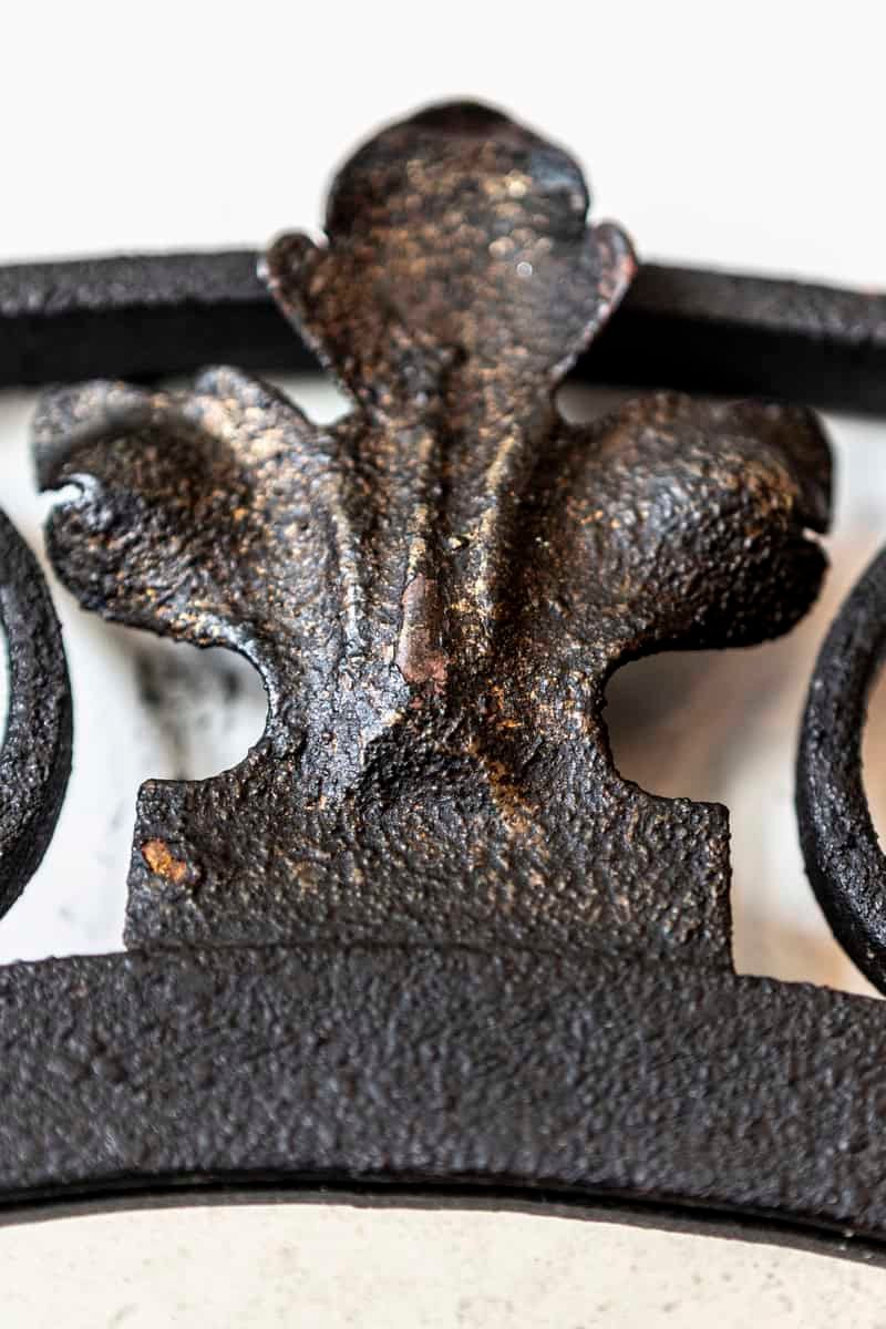 French Iron Arching Mirror with Openwork S-Scroll Motifs and Foliage Crest - JAA