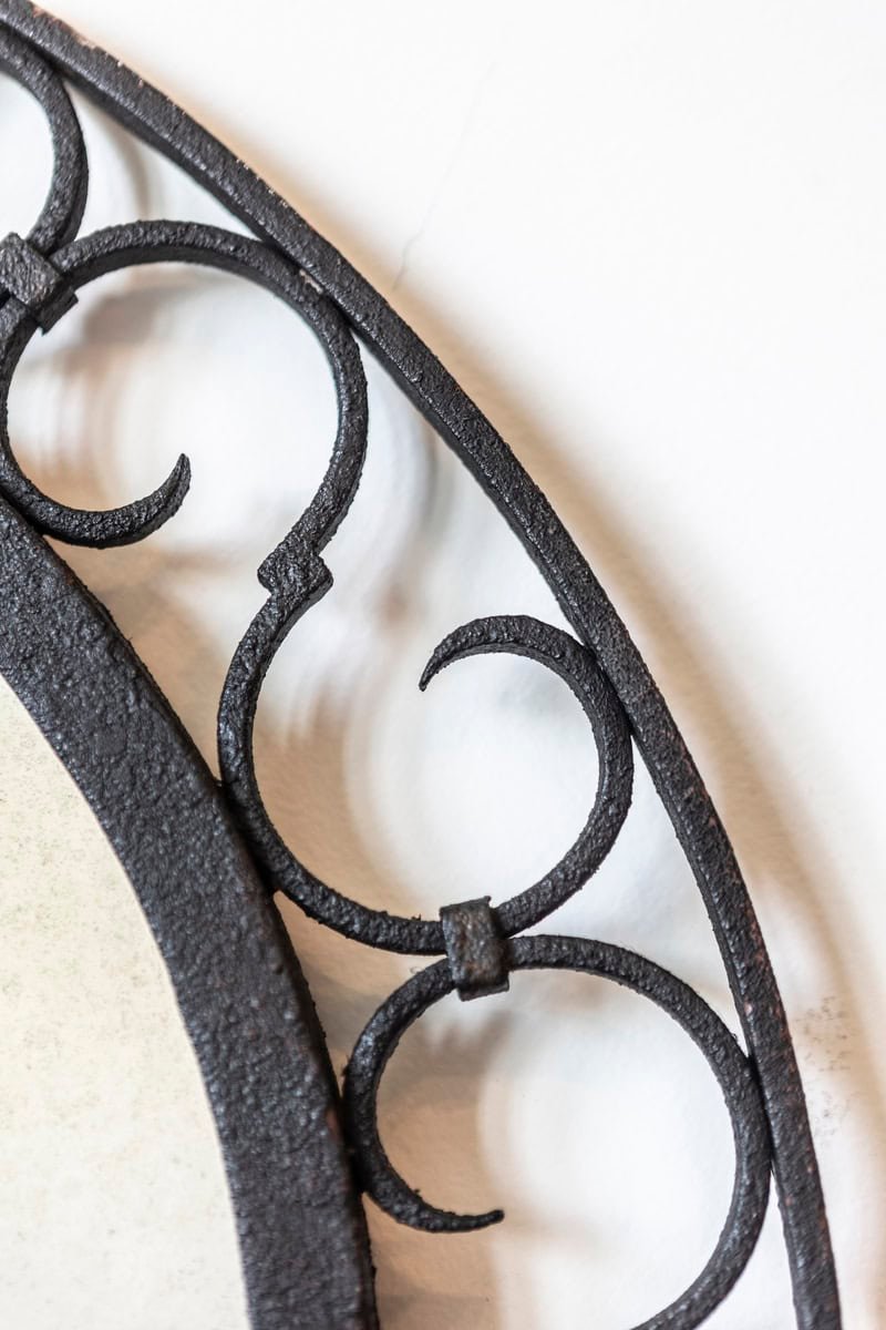 French Iron Arching Mirror with Openwork S-Scroll Motifs and Foliage Crest - JAA