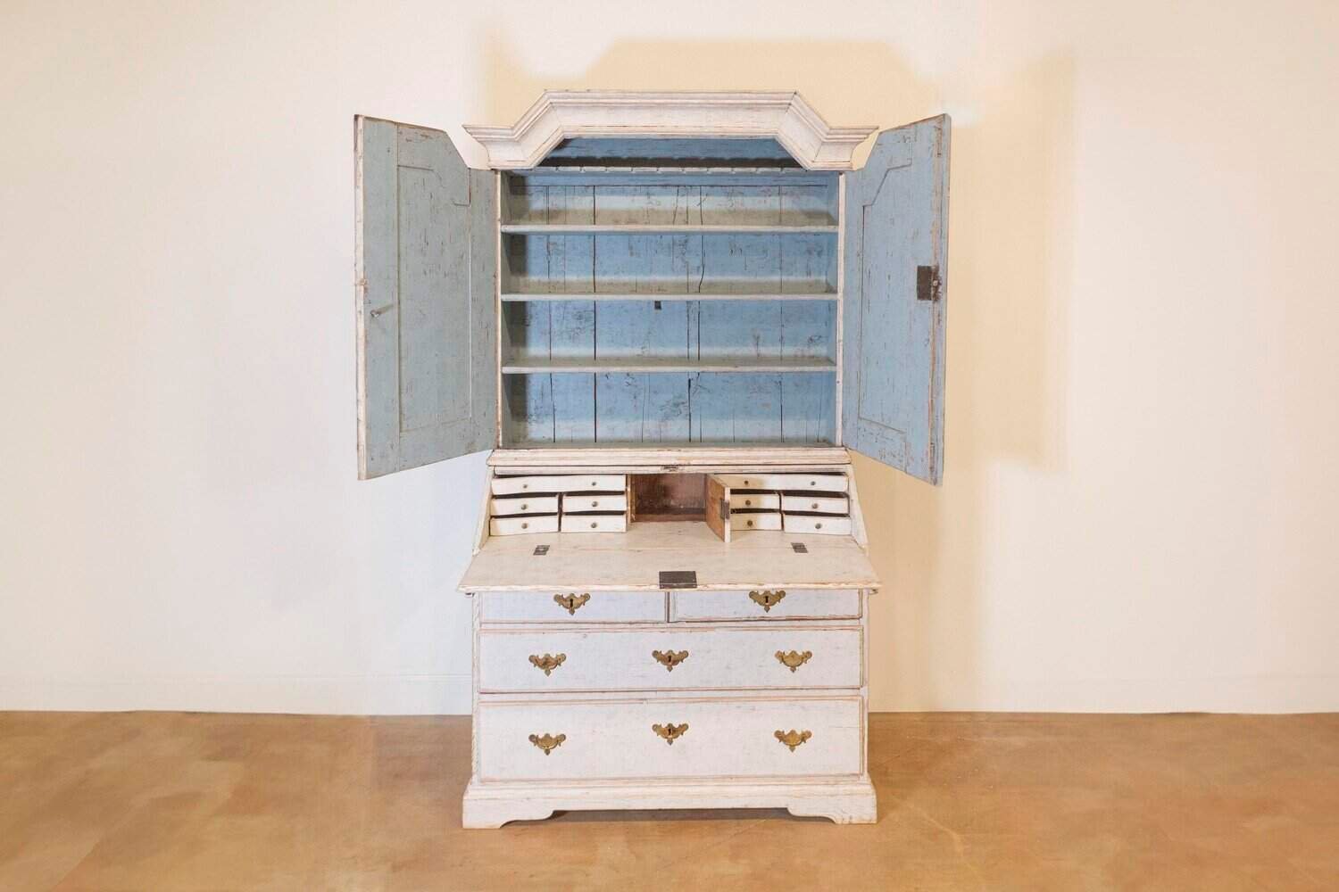 Swedish 1770s Baroque Light Gray Painted Secretary with Slant Front Desk - JAA