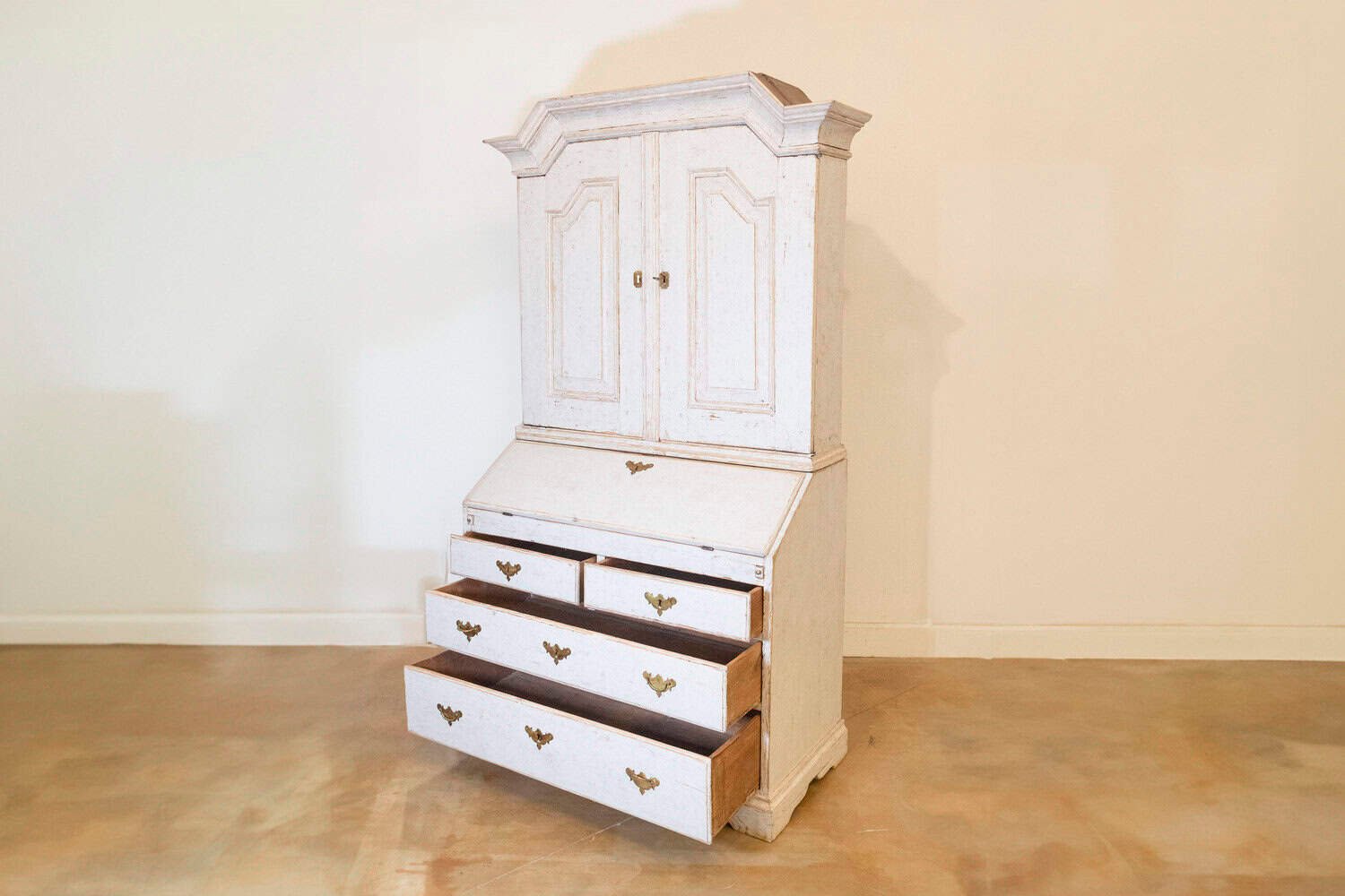 Swedish 1770s Baroque Light Gray Painted Secretary with Slant Front Desk - JAA