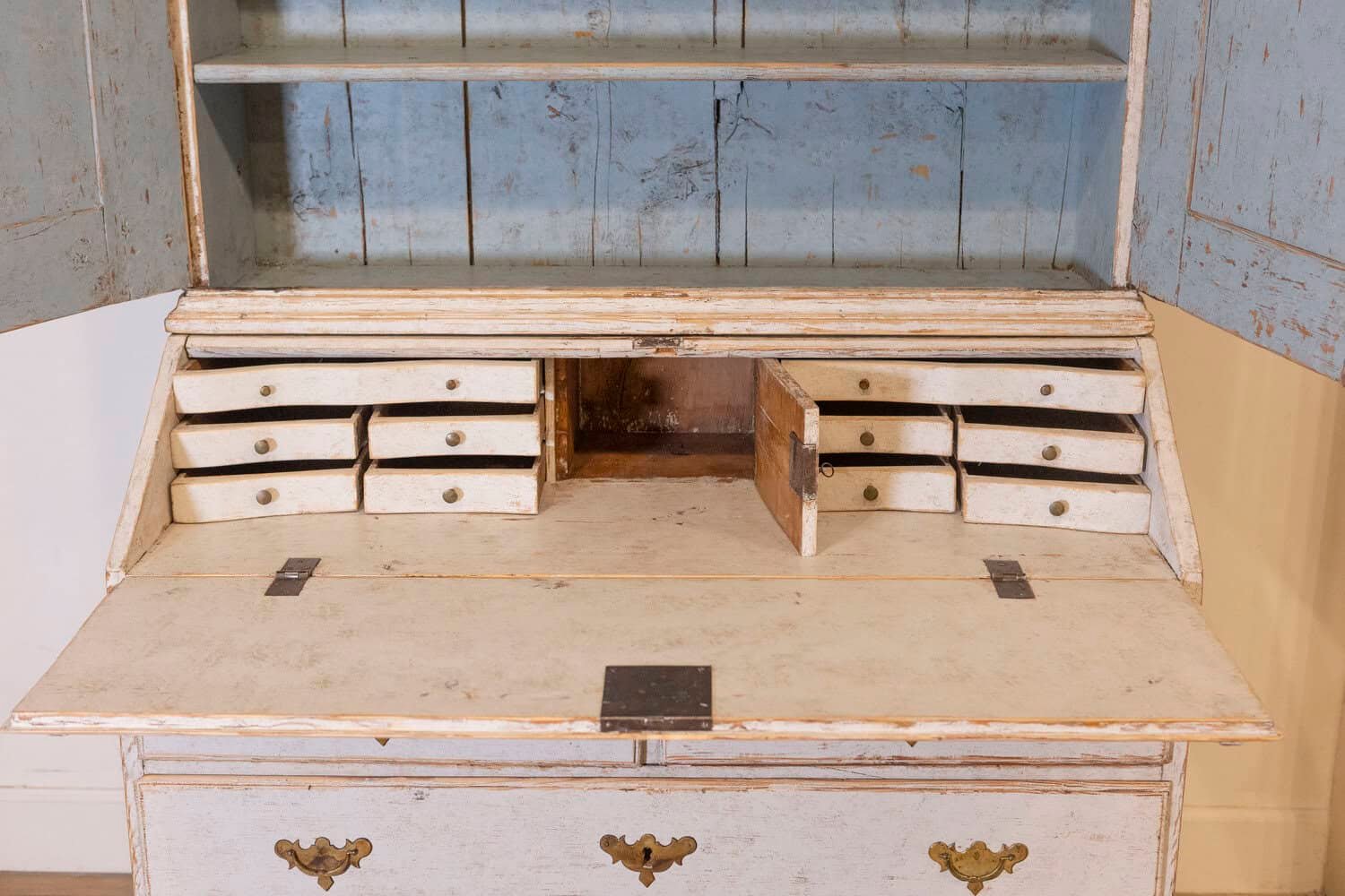 Swedish 1770s Baroque Light Gray Painted Secretary with Slant Front Desk - JAA