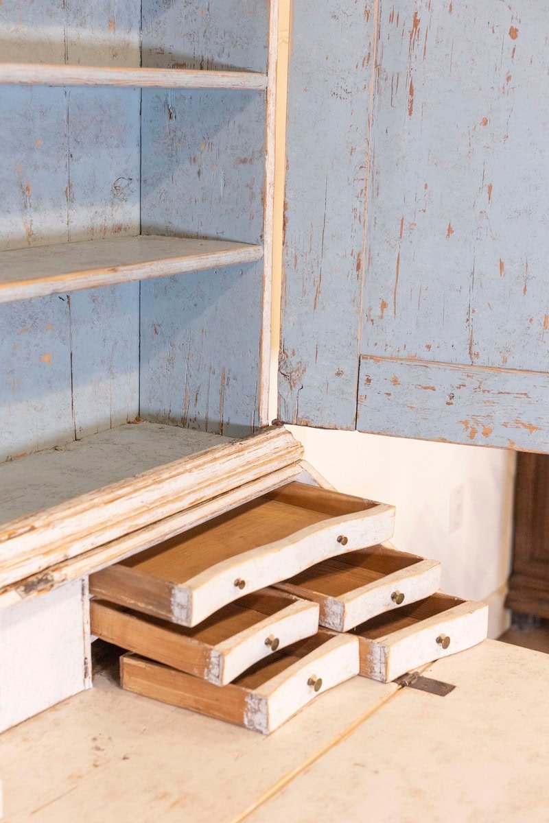 Swedish 1770s Baroque Light Gray Painted Secretary with Slant Front Desk - JAA