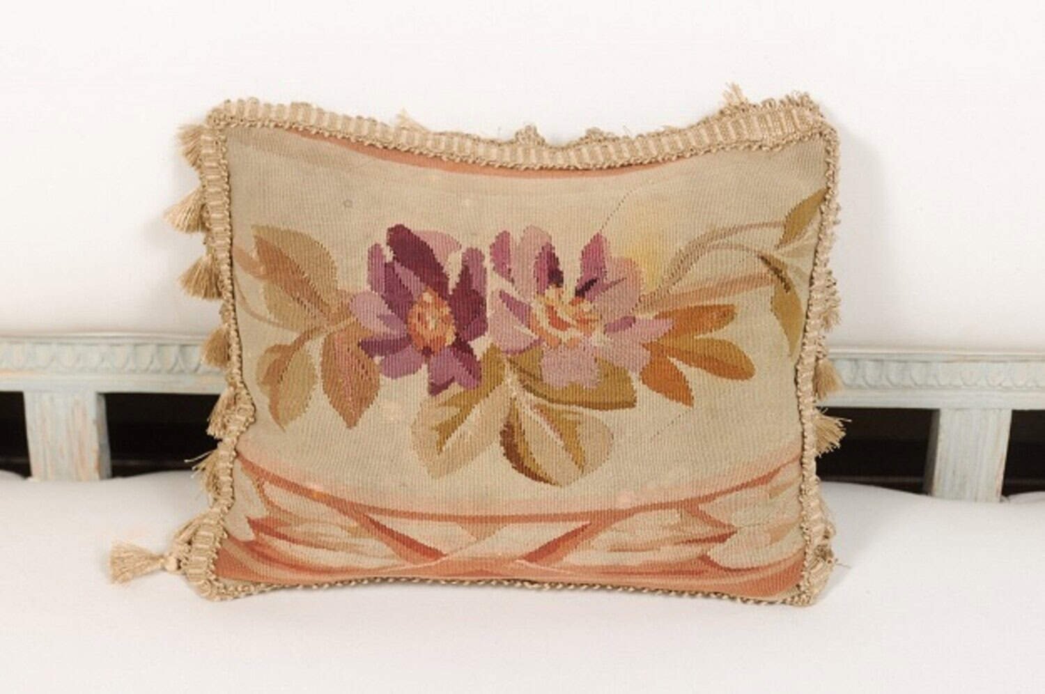 French Aubusson Tapestry 19th Century Pillow with Purple Floral Décor, Tassels - JAA