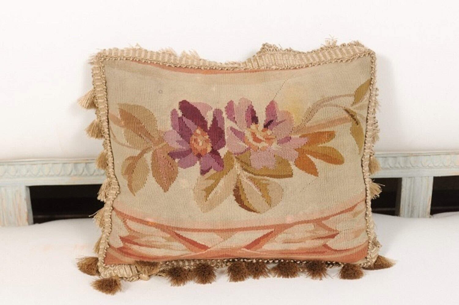 French Aubusson Tapestry 19th Century Pillow with Purple Floral Décor, Tassels - JAA