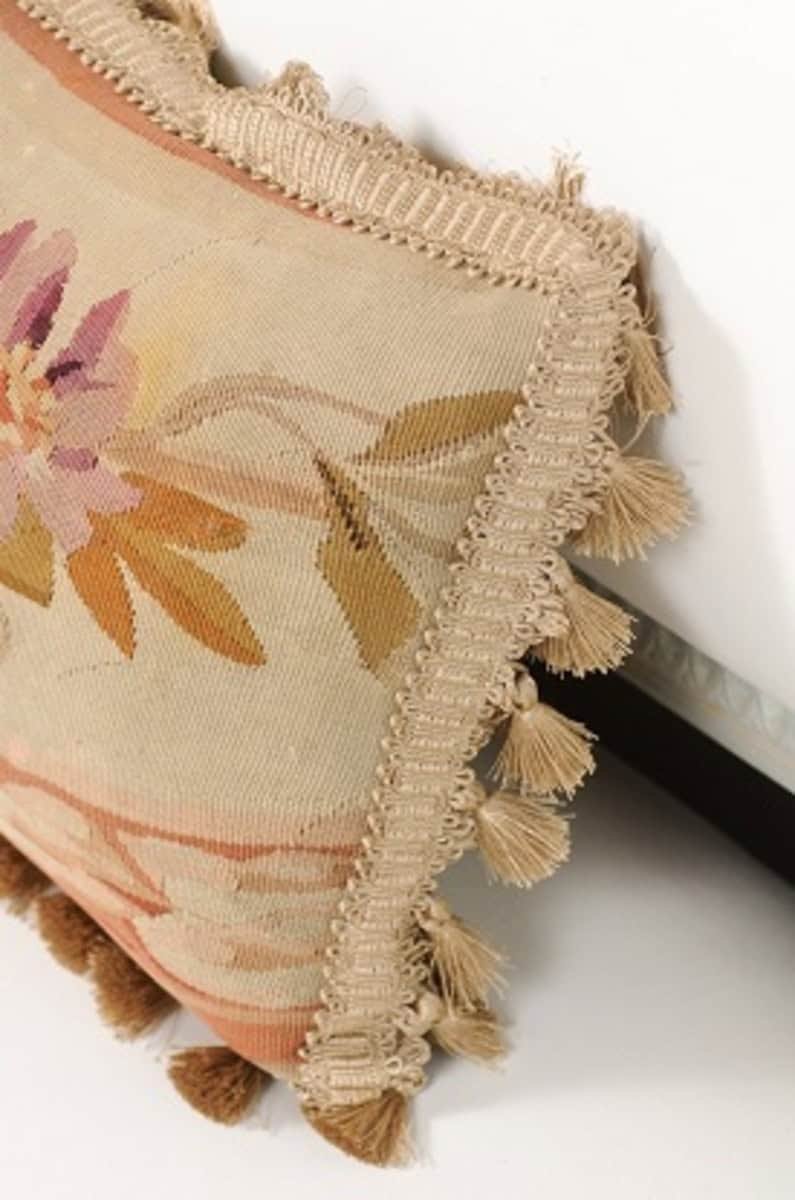 French Aubusson Tapestry 19th Century Pillow with Purple Floral Décor, Tassels - JAA