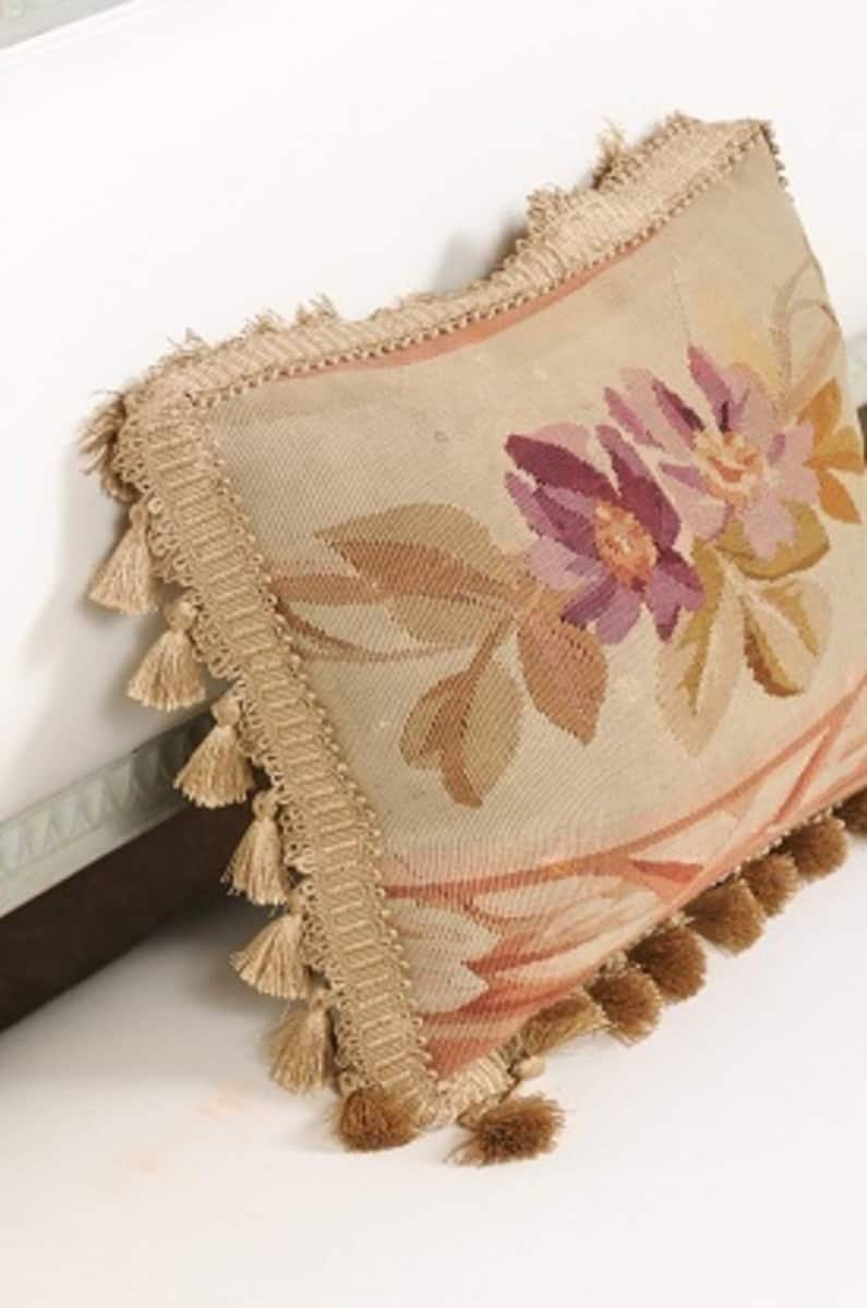 French Aubusson Tapestry 19th Century Pillow with Purple Floral Décor, Tassels - JAA