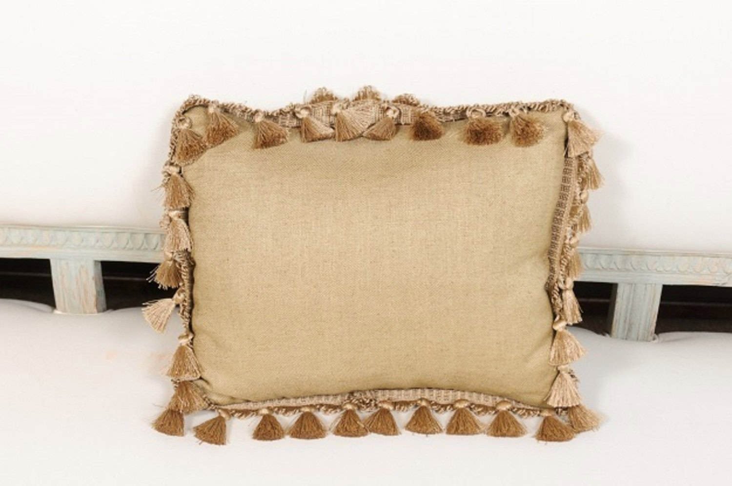 French Aubusson Tapestry 19th Century Pillow with Purple Floral Décor, Tassels - JAA