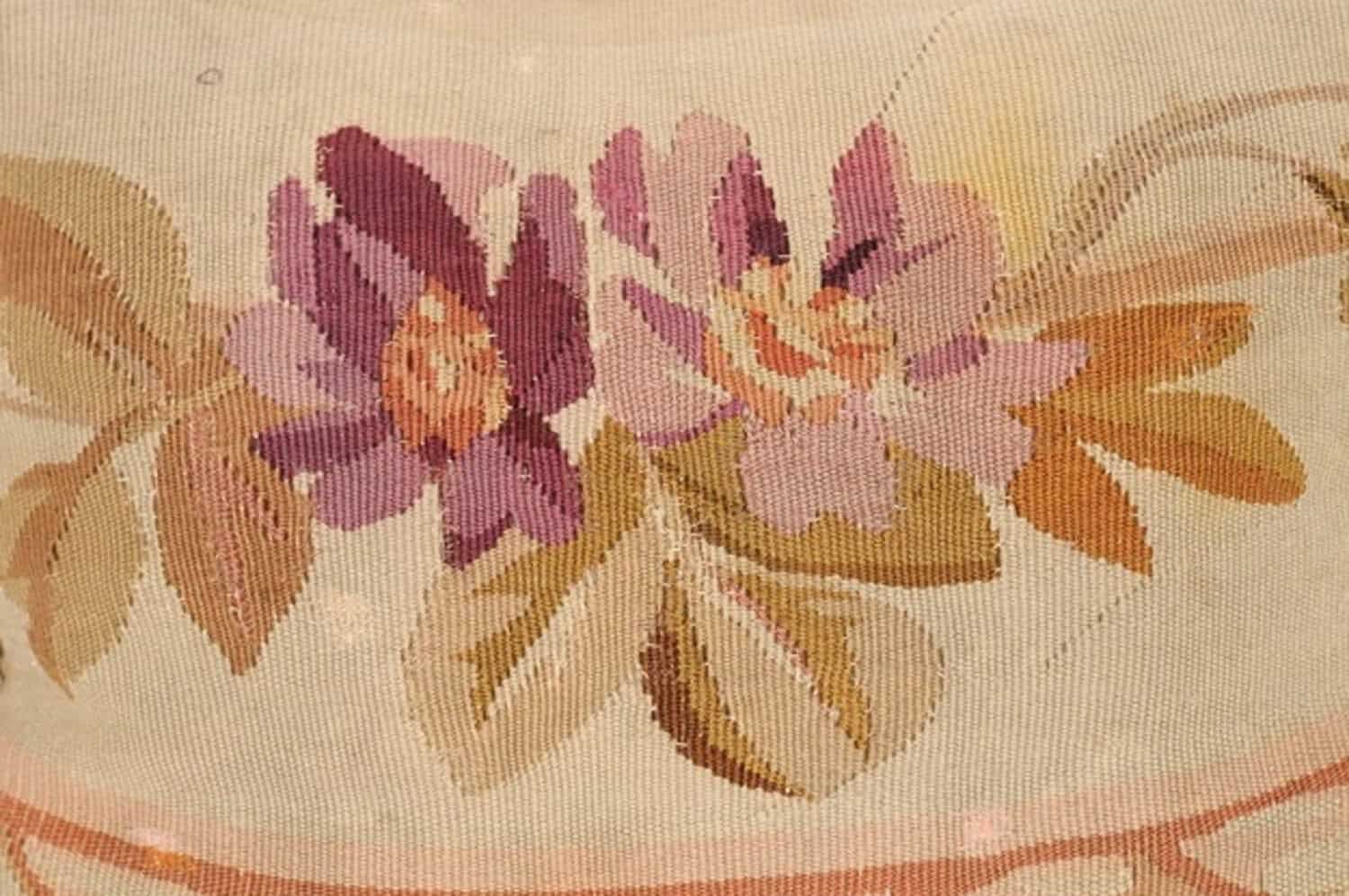 French Aubusson Tapestry 19th Century Pillow with Purple Floral Décor, Tassels - JAA