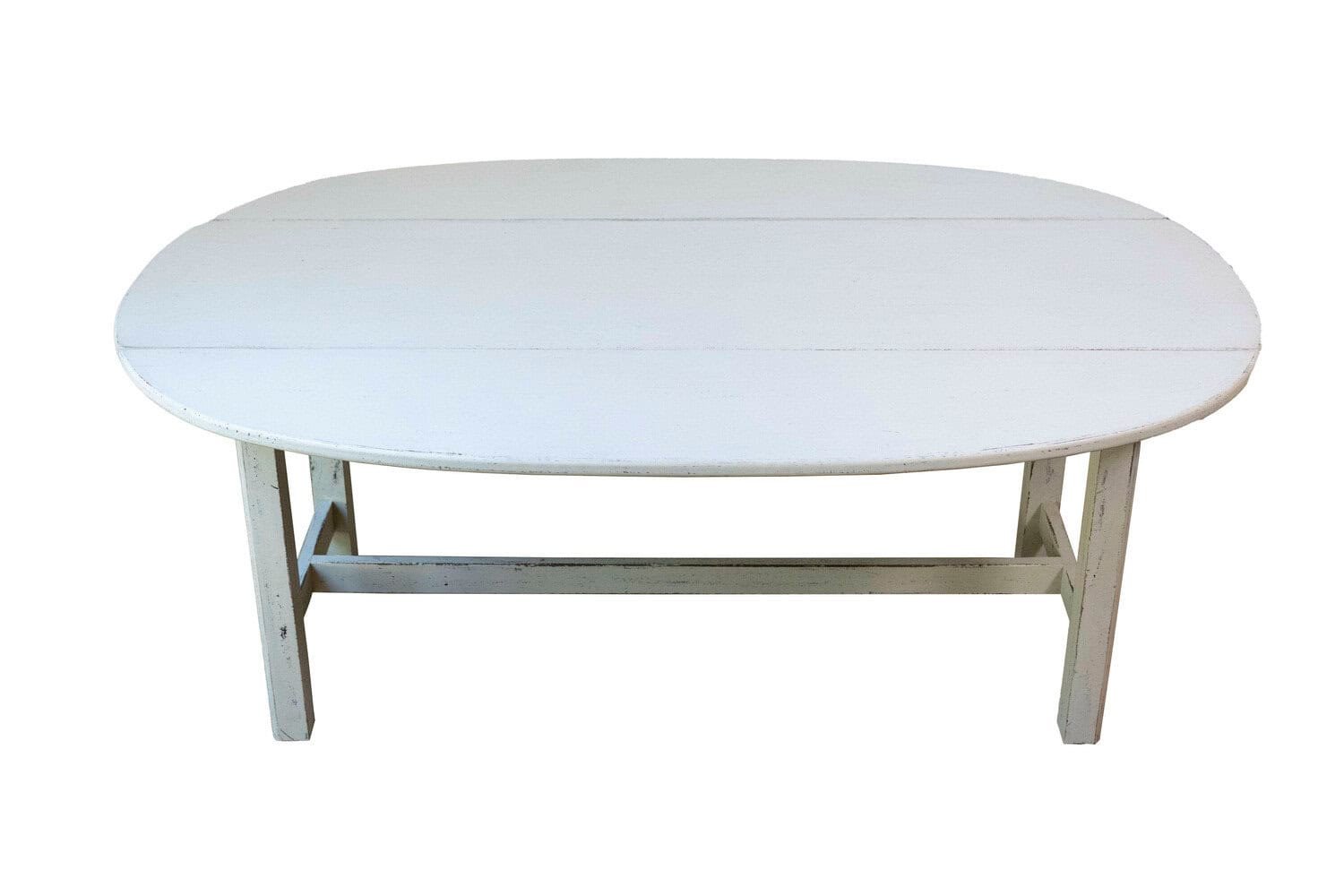Swedish 1920s Gray Painted Drop Leaf Coffee Table with Oval Top and Stretcher