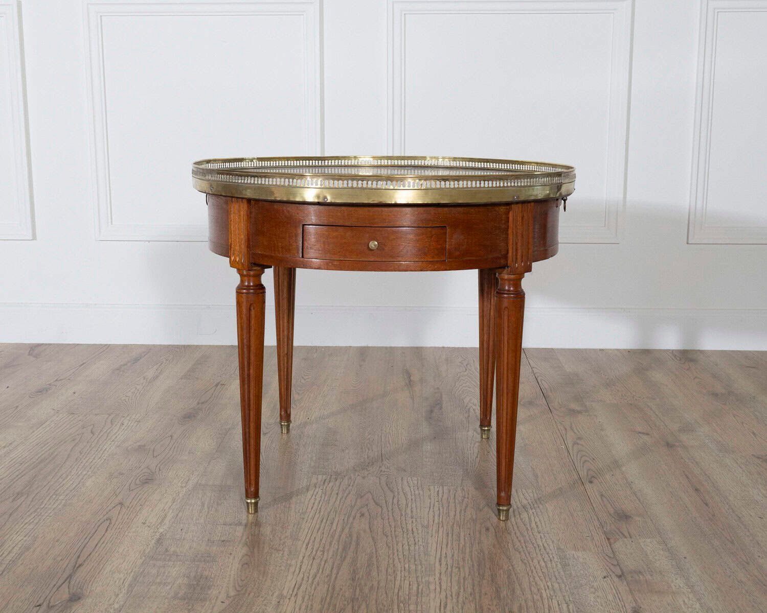 French Louis XVI-Style Mahogany Bouillotte Table with Marble Top, Early 20th Century - JAA