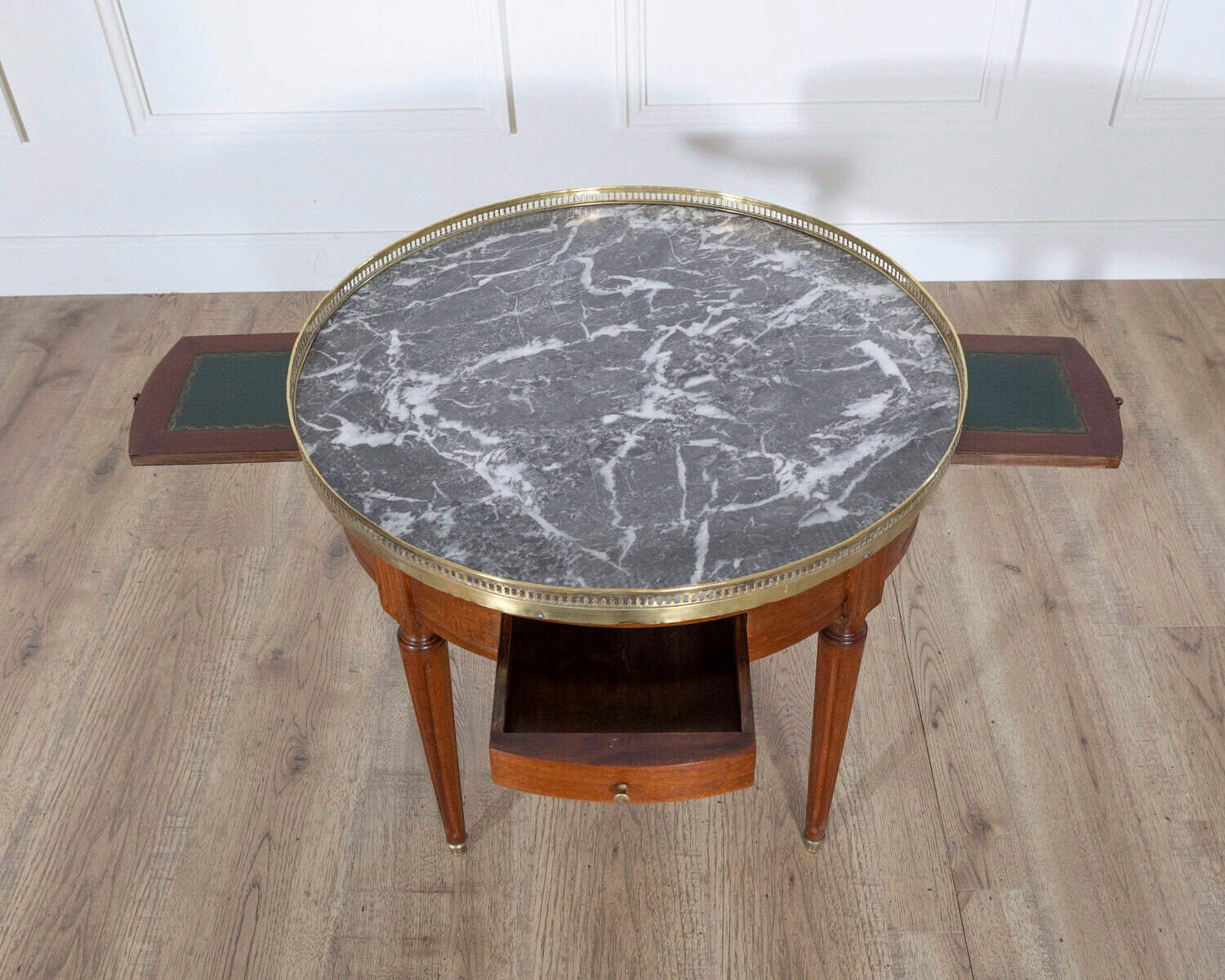 French Louis XVI-Style Mahogany Bouillotte Table with Marble Top, Early 20th Century - JAA