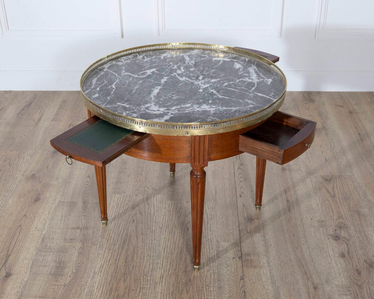French Louis XVI-Style Mahogany Bouillotte Table with Marble Top, Early 20th Century - JAA
