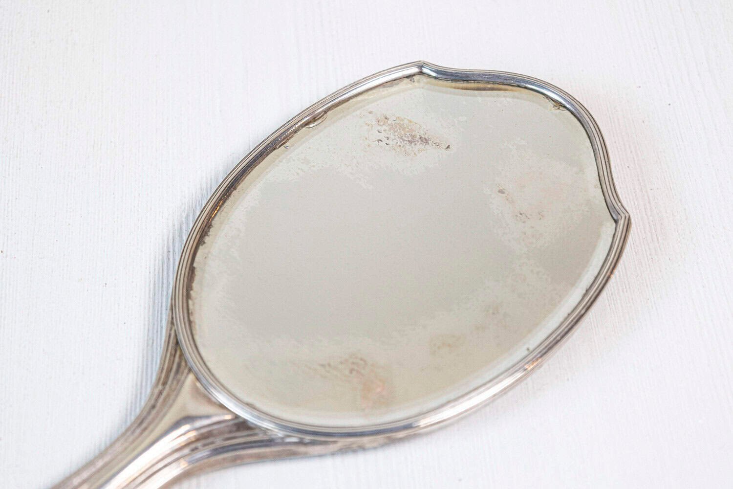 English 20th Century Silver Dressing Table Hand Mirror with Silver Piqué Swag Decor - JAA