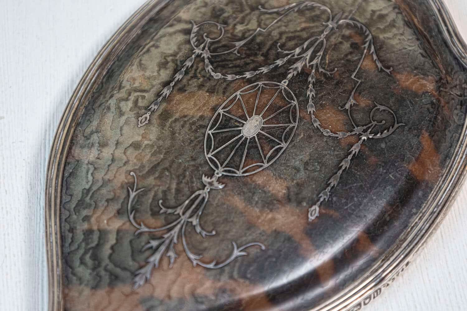 English 20th Century Silver Dressing Table Hand Mirror with Silver Piqué Swag Decor - JAA