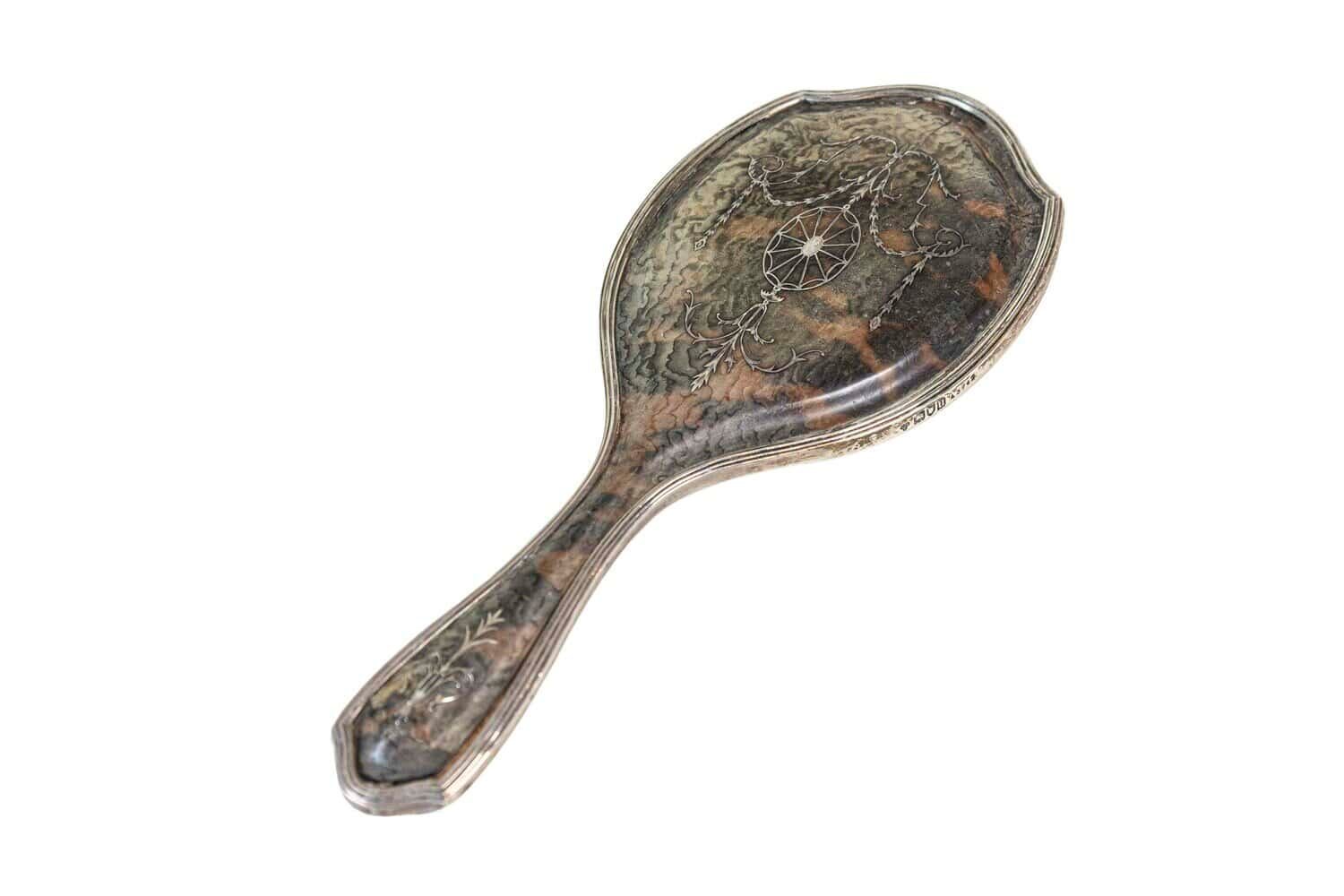 English 20th Century Silver Dressing Table Hand Mirror with Silver Piqué Swag Decor