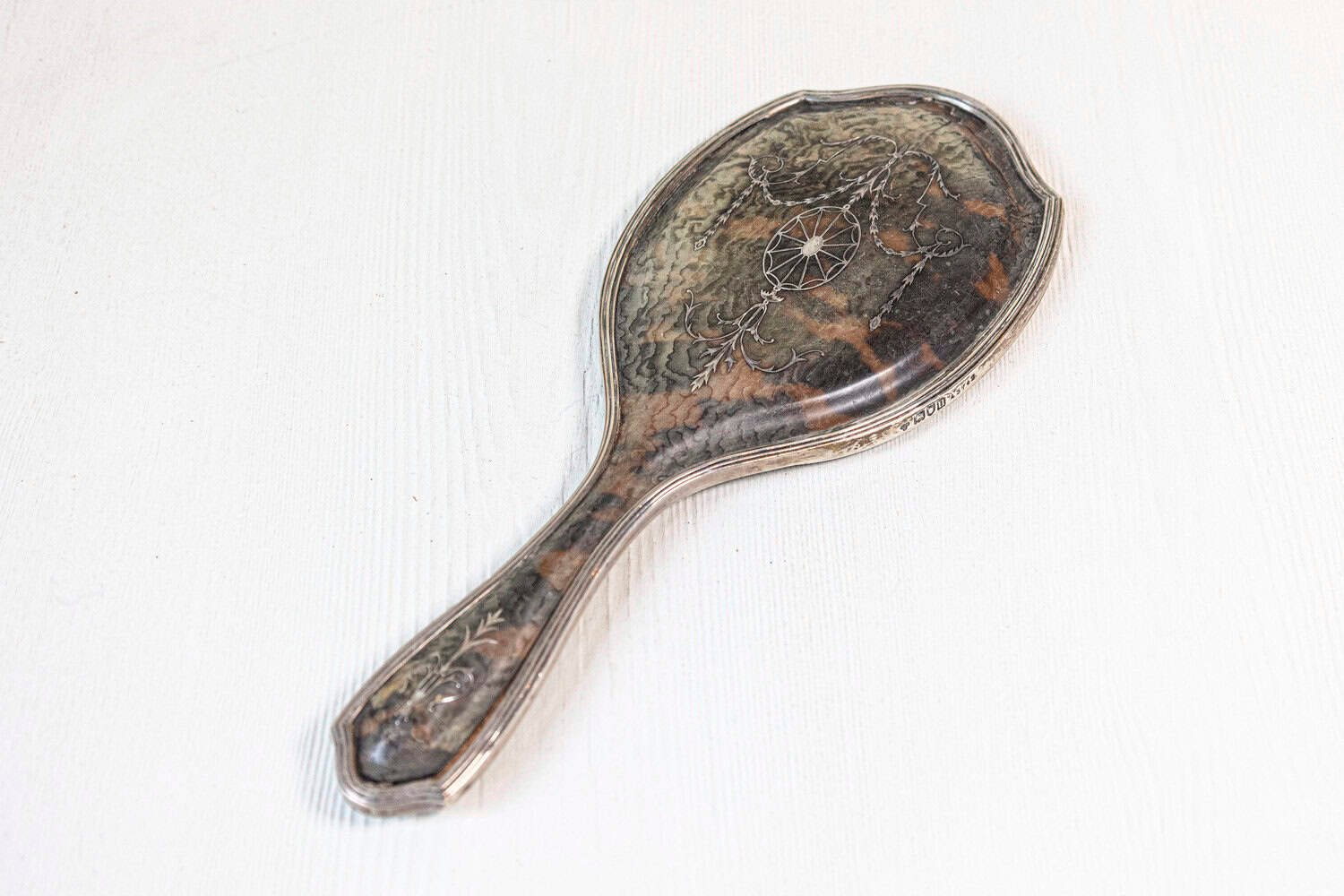 English 20th Century Silver Dressing Table Hand Mirror with Silver Piqué Swag Decor - JAA